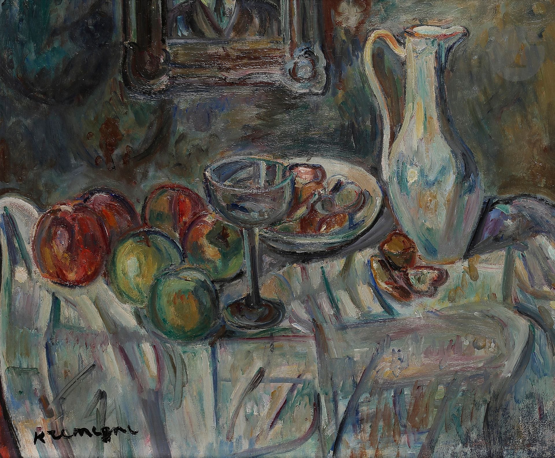 Pinchus KRÉMÈGNE (1890-1981)
Nature morte, vers 1950
Huile sur toile.
Signée en bas à gauche.
(Doublée).
46 x 55 cm