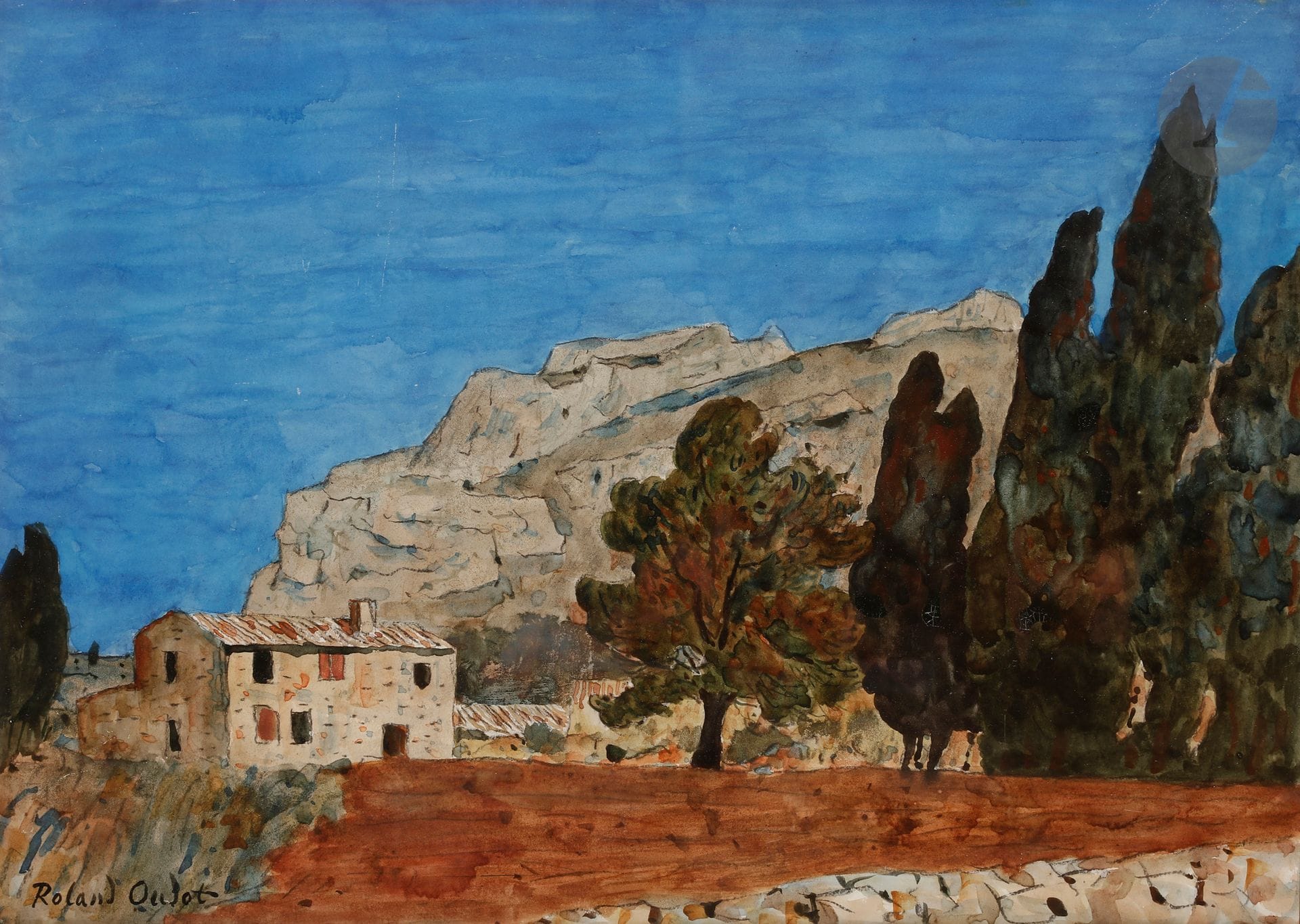 Roland OUDOT (1897-1981)
Les Cyprès à Eygalières, 1973
Aquarelle sur traits de fusain.
Signée en bas à gauche.
43 x 66 cm