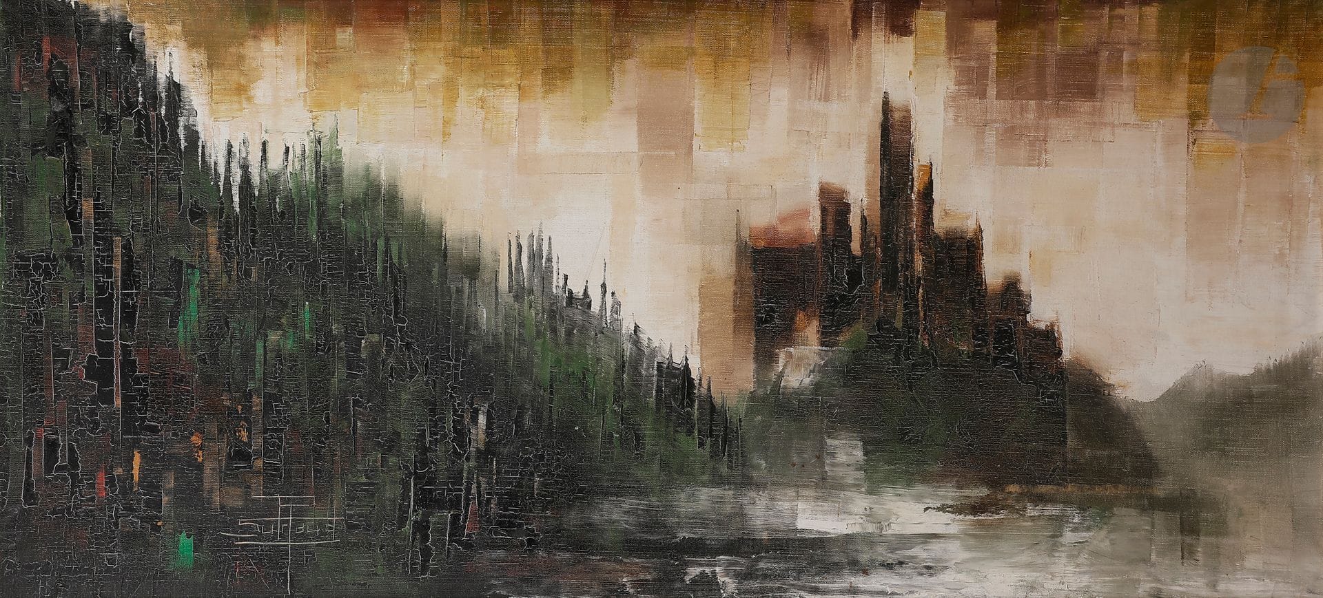 Roger SURAUD (né en 1938)
Ville imaginaire
Huile sur toile.
Signée en bas à gauche.
(Craquelures).
55 x 125 cm