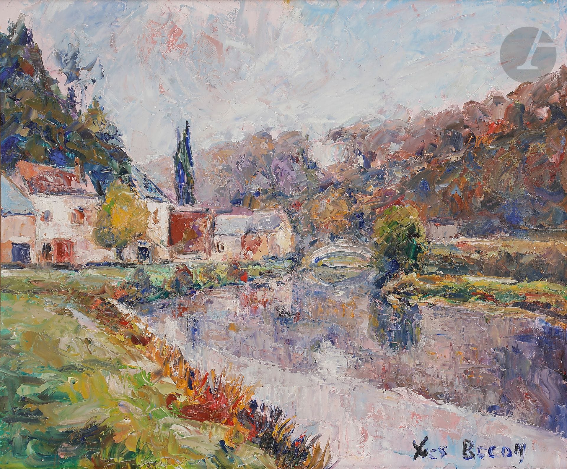 Yves BECON (1907-2004)
Village en bord de rivière
Huile sur toile.
Signée en bas à droite.
46 x 55 cm