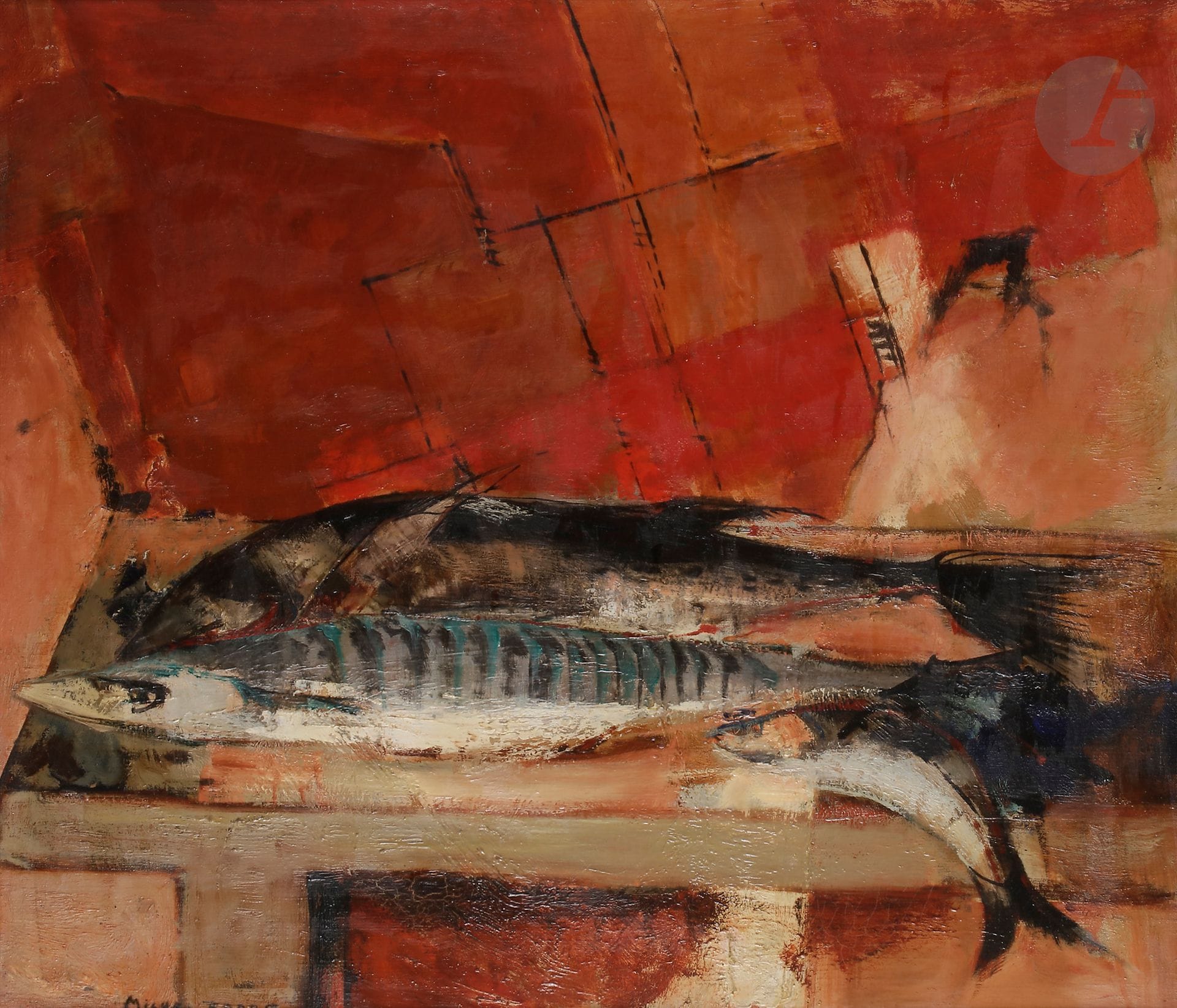 Michel RODDE (1913-2009)
Poissons à la voile rouge
Huile sur toile.
Signée en bas à gauche.
Titrée au dos.
60 x 73 cm