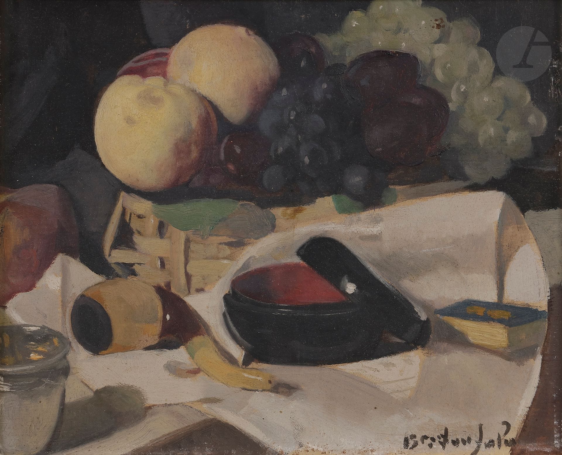 Albert BRAÏTOU-SALA (1885-1972)
Fruits et nécessaire de fumeur
Huile sur carton.
Signée en bas à droite.
22 x 27 cm