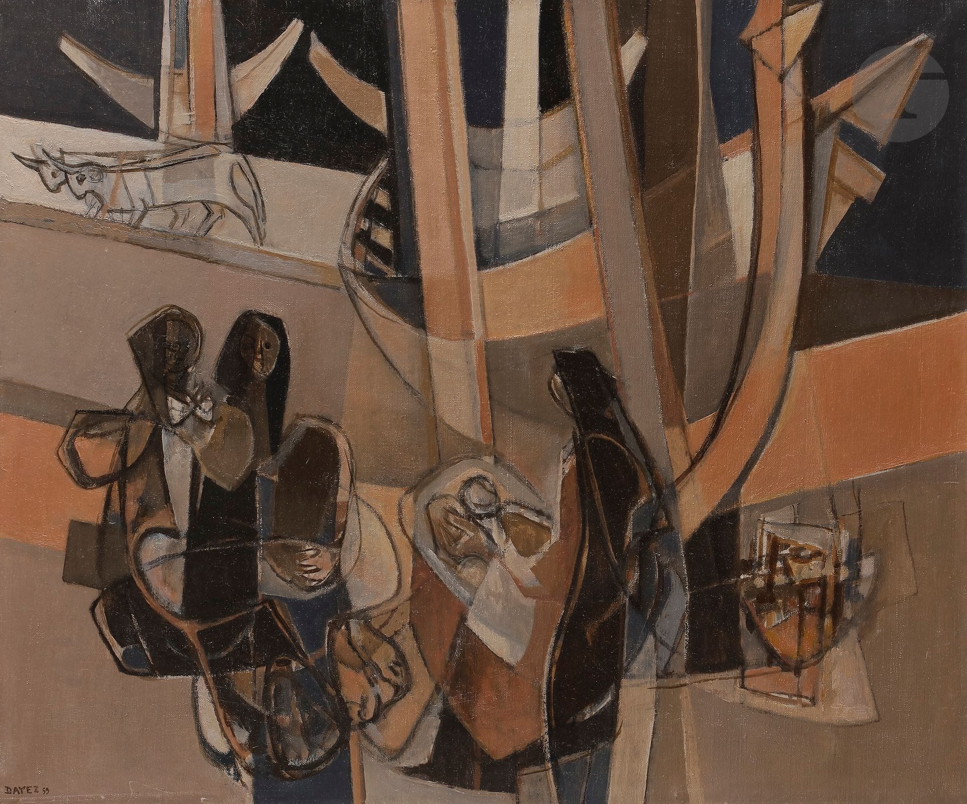 Georges DAYEZ (1907-1991)
Femmes de Nazaré, 1959
Huile sur toile.
Signée et datée en bas à gauche.
Signée, datée et titrée au dos.
54 x 65 cm
