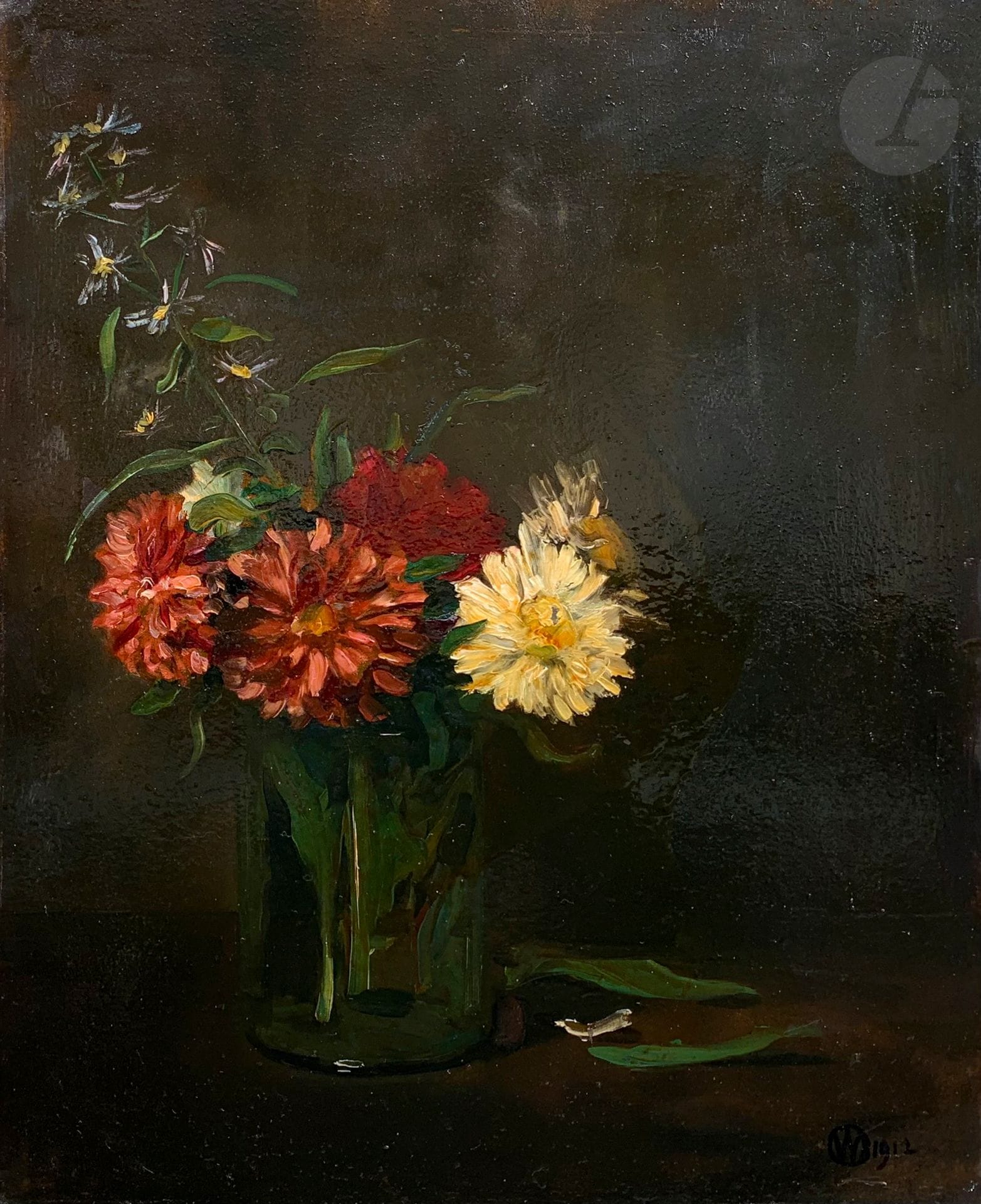 Raymond WOOG (1875-1949)
Vase de fleurs, 1909
Huile sur carton.
Signée en bas à gauche.
Monogrammée en bas à droite.
(Adhérence de la peinture à la vitre).
39 x 32 cm