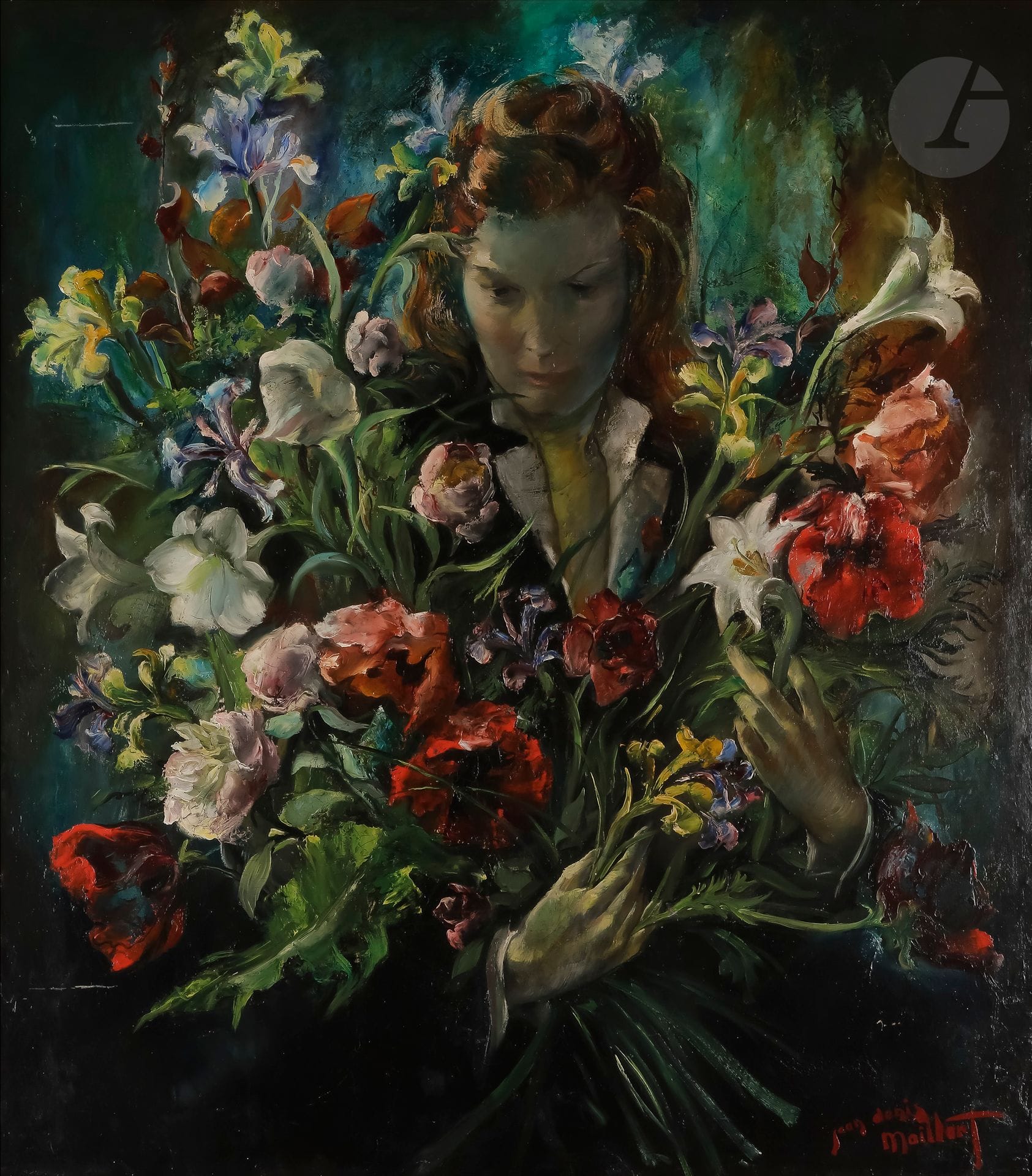 Jean Denis MAILLART (1913-?)
Femme aux fleurs
Huile sur isorel.
Signée en bas à droite.
100 x 90 cm