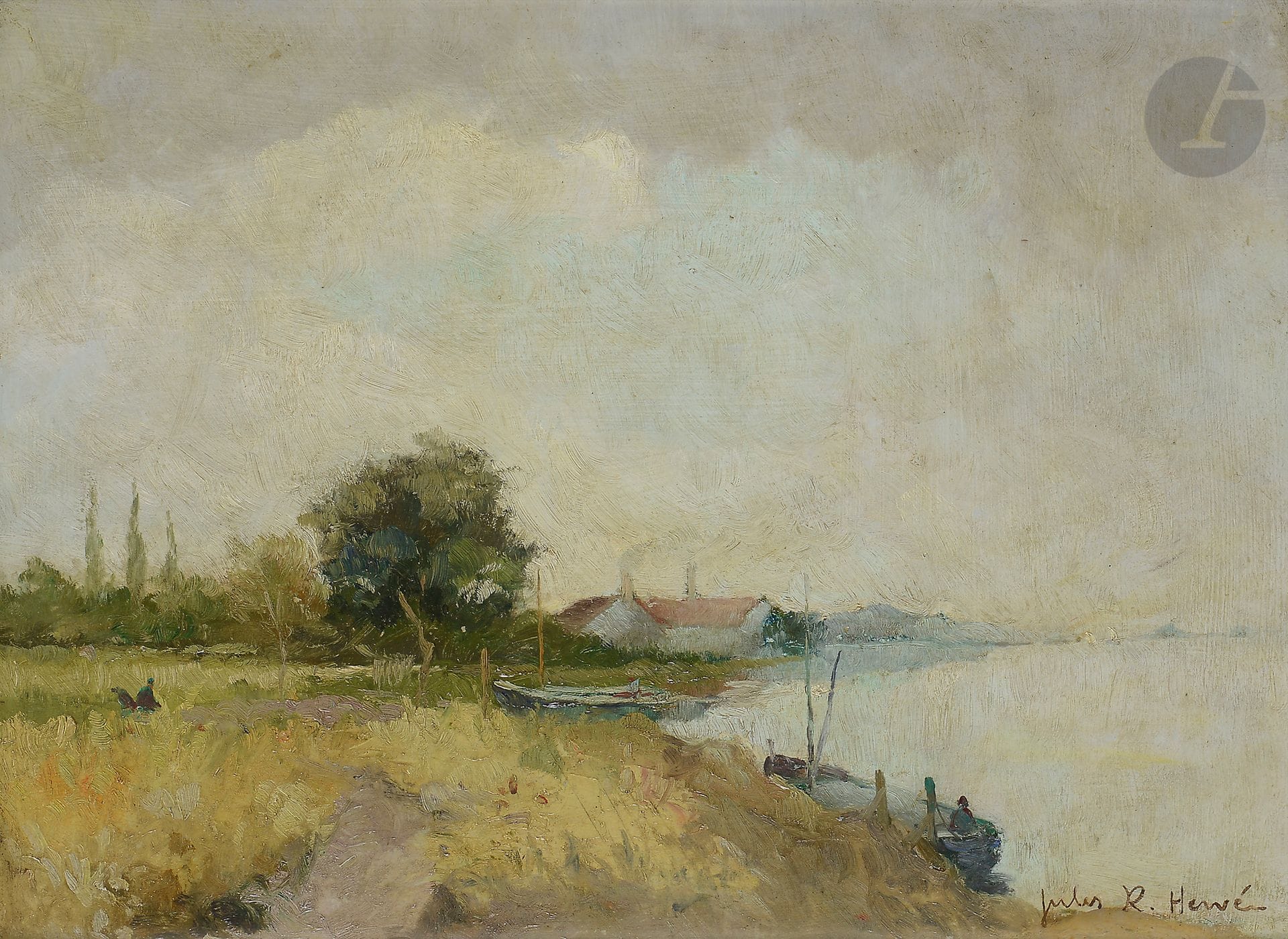 Jules-René HERVÉ (1887-1981)
Paysage lacustre animé
Huile sur isorel.
Signée en bas à droite.
30 x 40 cm
