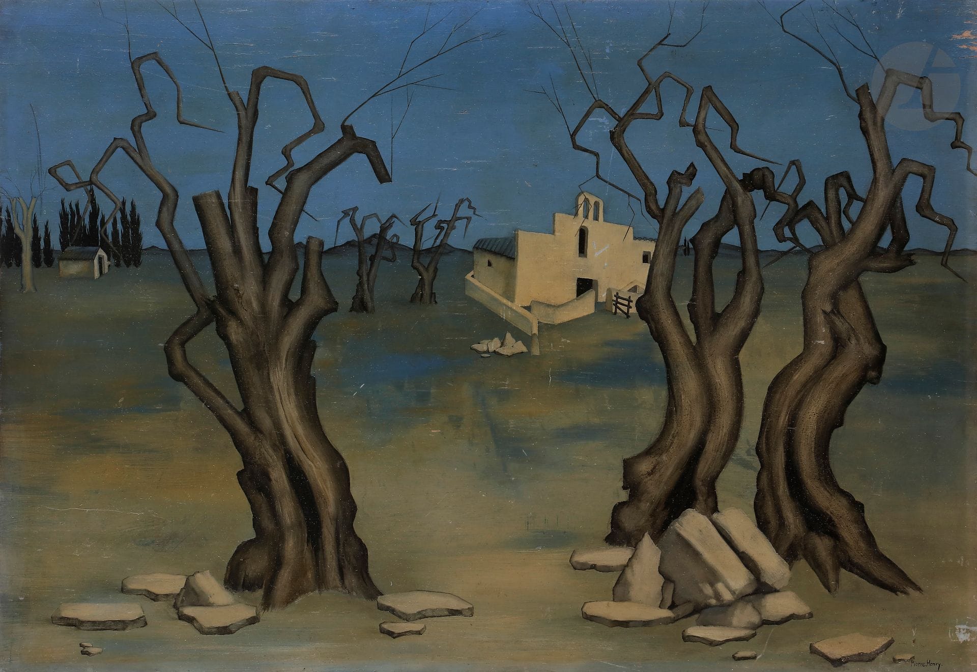 Pierre HENRY (né en 1924)
Les Oliviers, 1947
Huile sur panneau.
Signée en bas à droite.
50 x 73 cm

Bibliographie : 
- Pierre Henry, préface de Lydia Harambourg, Pierre-Henry, une Ferveur silencieuse, Paris, Somogy, 2005, reproduit p. 39.
- Éric Mercier, La Jeune peinture, Années 50, Tome I, L'Alternative figurative, Zurich, Artacatos, 2010, reproduit p. 403.