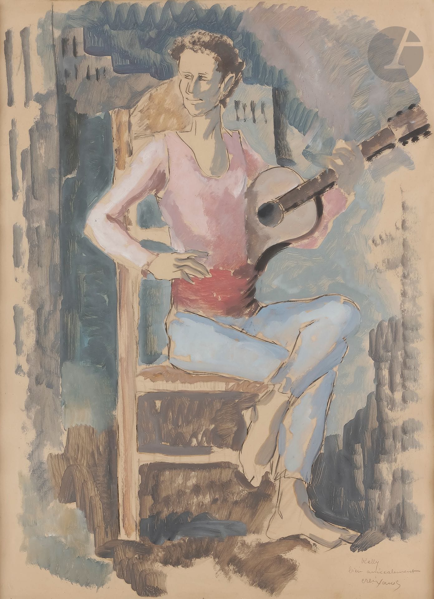 Pedro CREIXAMS (1893-1965)
Le Guitariste
Huile sur papier.
Signée et dédicacée en bas à droite.
63 x 47 cm