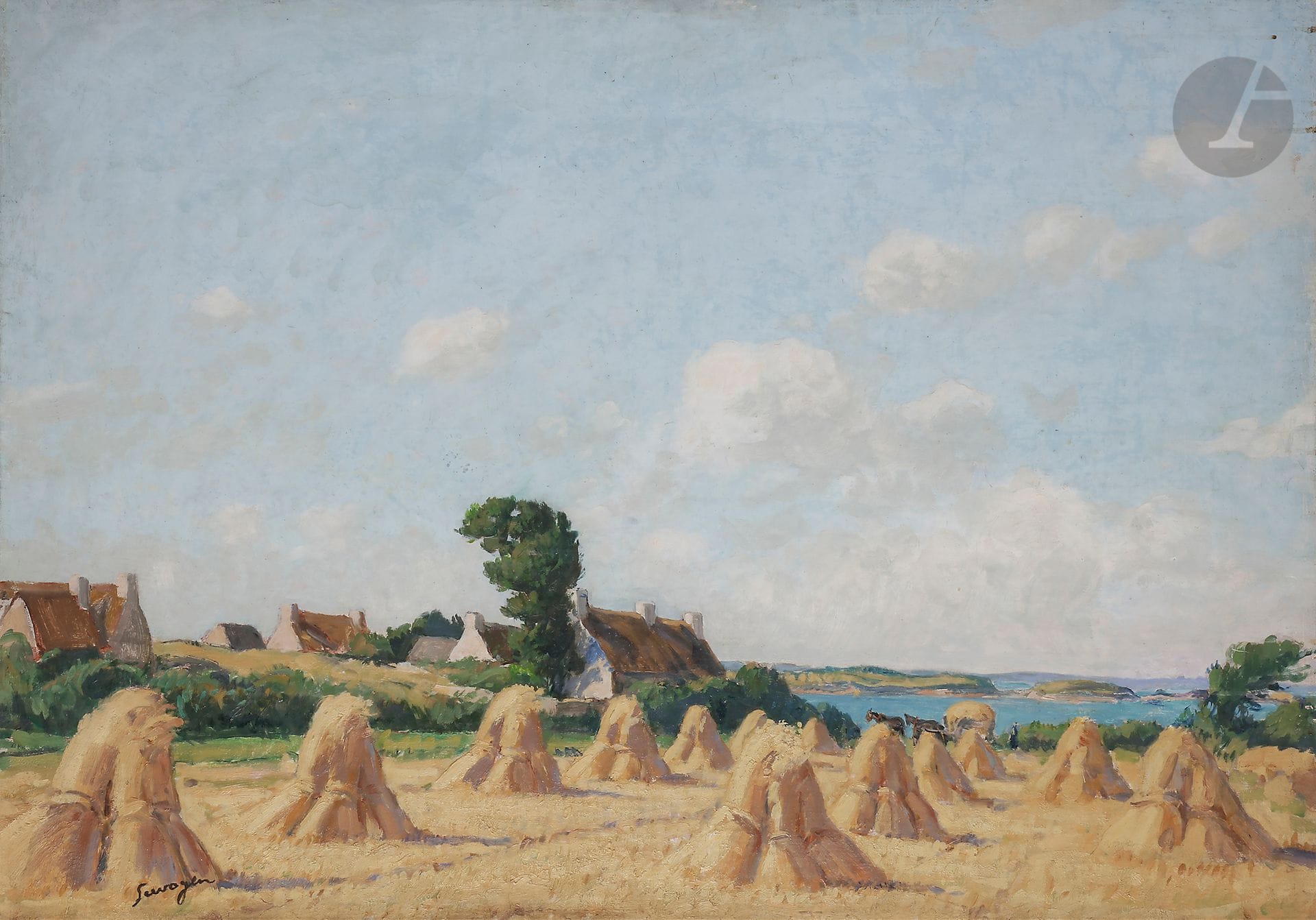 Lucien SEEVAGEN (1887-1959)
Paysage breton et meules de foin en bord de mer
Huile sur toile.
Signée en bas à gauche.
74 x 100 cm