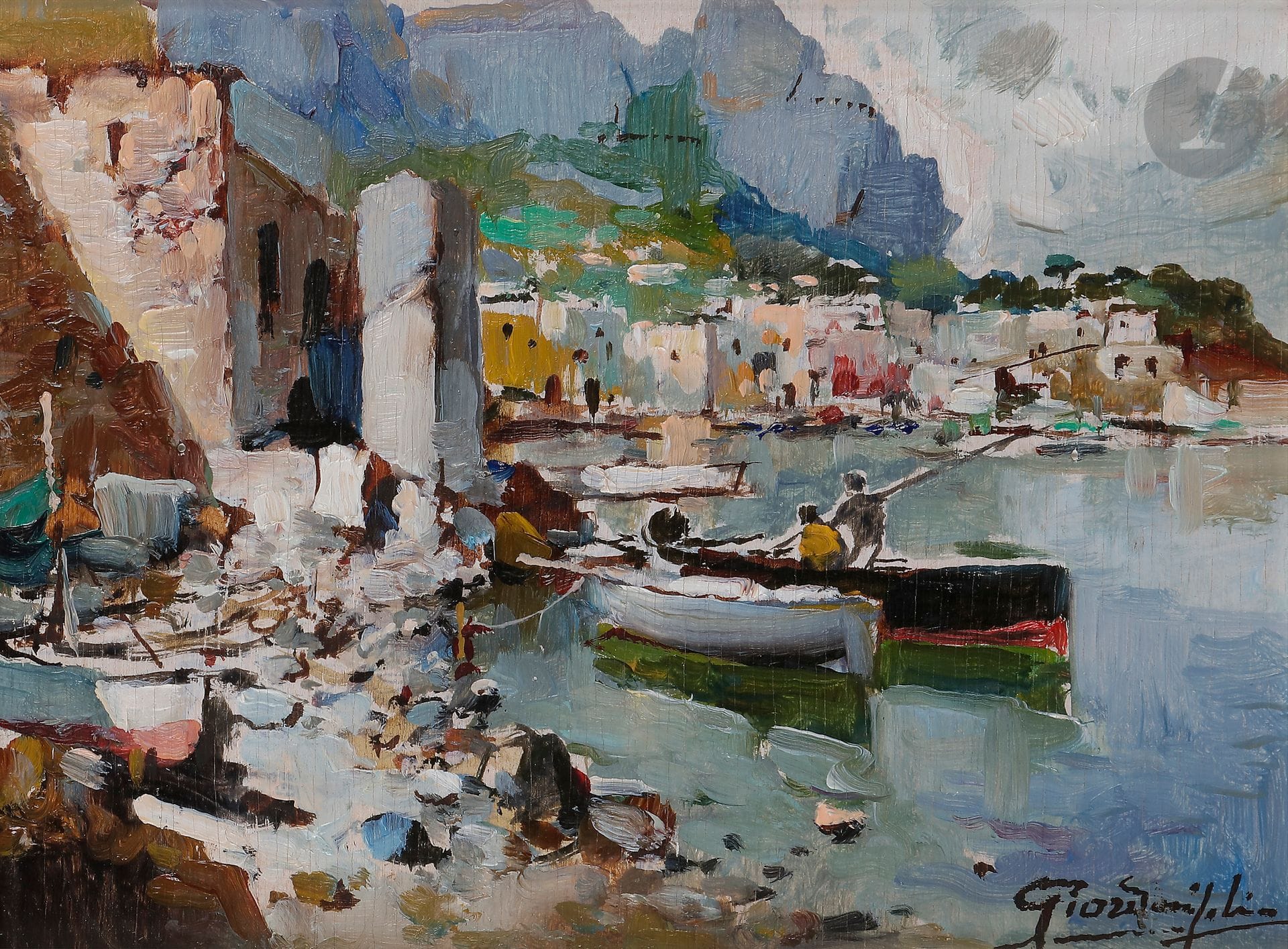 Felice GIORDANO (1880-1964)
Positano, le retour de pêche
Huile sur panneau.
Signée en bas à droite.
15 x 20 cm

Provenance : 
Vente Maîtres Dumousset et Deburaux, Paris, 9 mars 1999, n° 128.