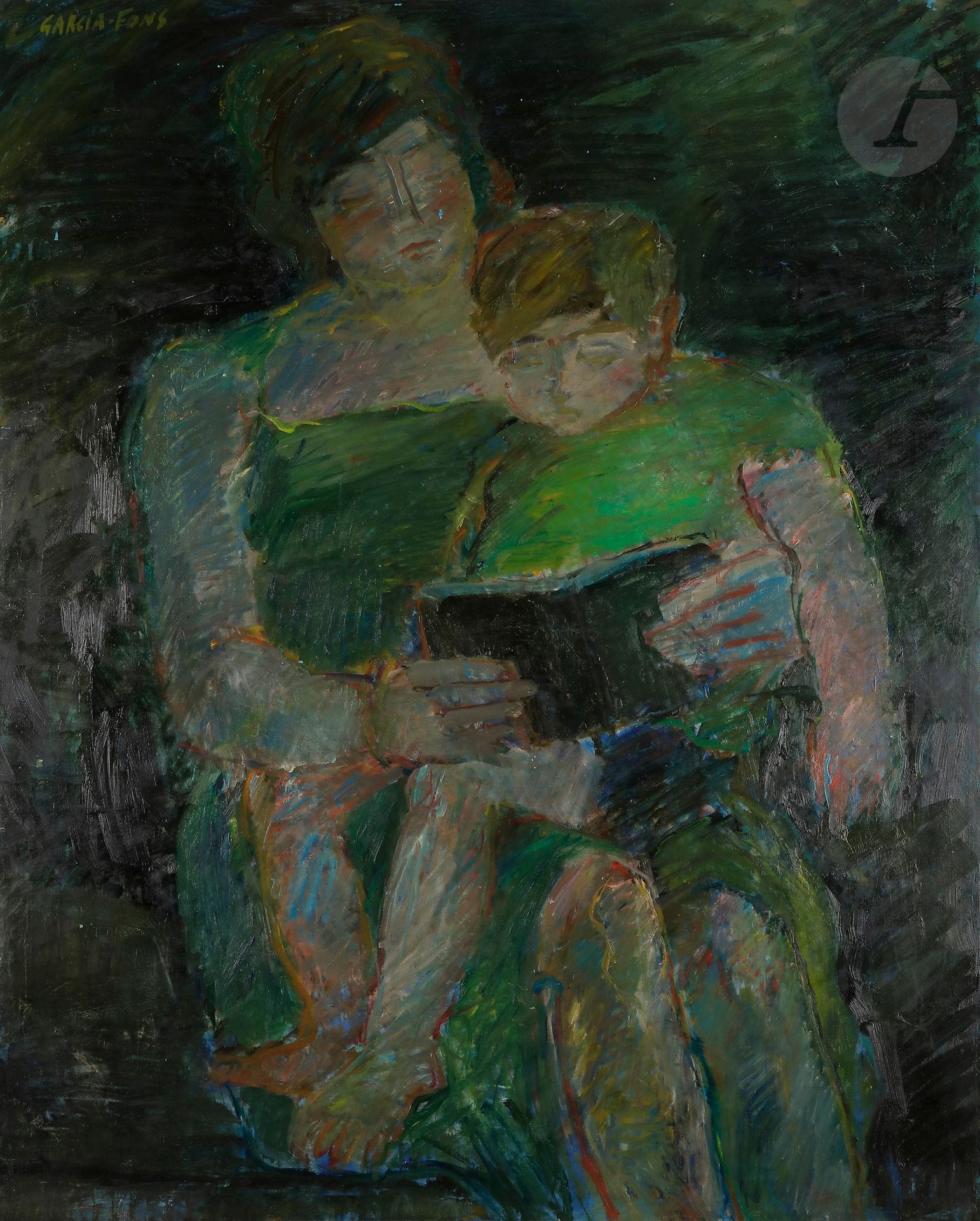 Pierre GARCIA-FONS (1928-2016)
Maternité verte, vers 1960
Huile sur toile.
Signée en haut à gauche.
Signée et titrée au dos.
116 x 89 cm

Provenance : 
Galerie Framond, Paris (étiquette au dos).