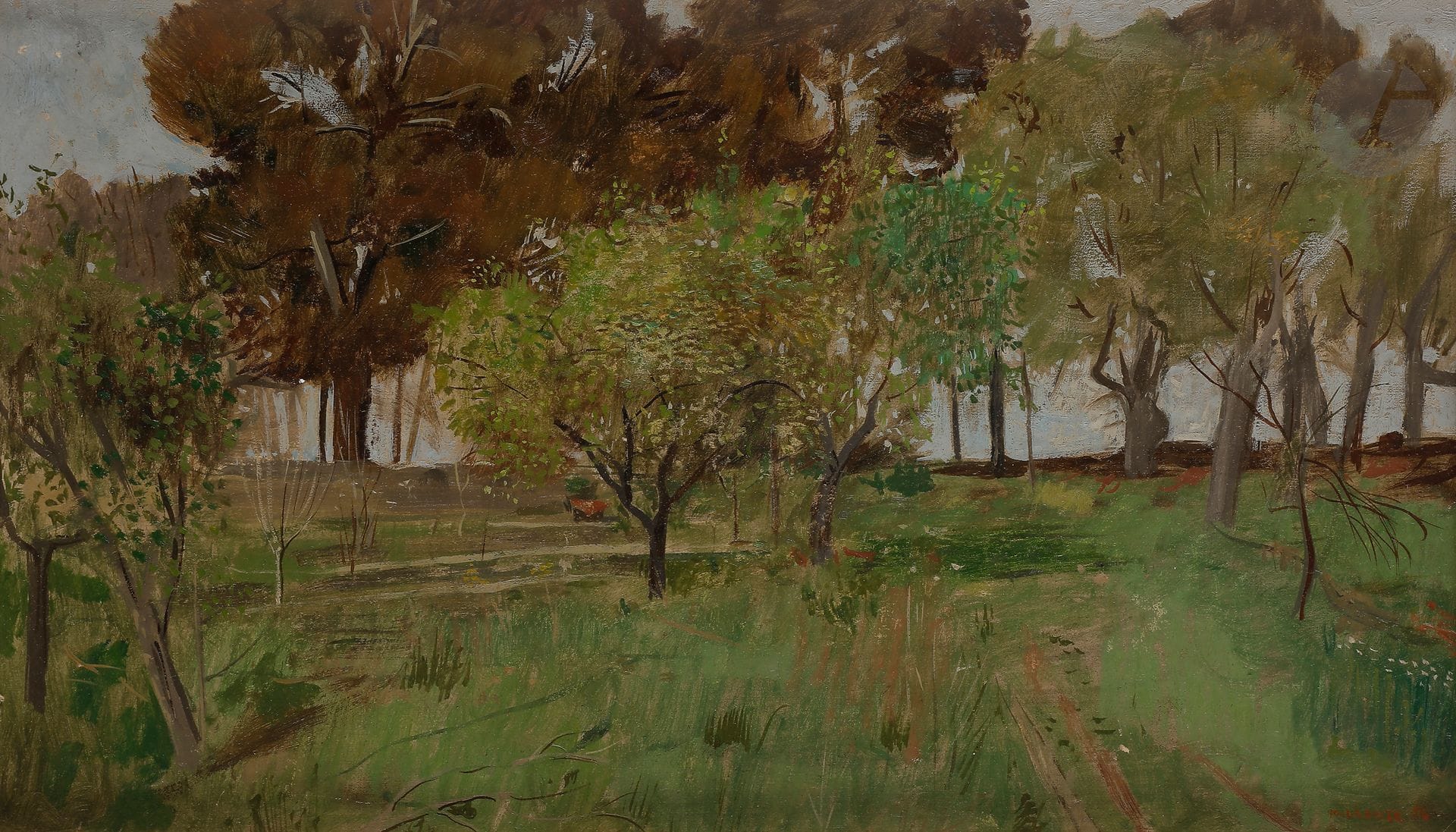 Grégoire MICHONZE (1902-1982)
Paysage de sous-bois, 1956
Huile sur papier contrecollé sur isorel.
Signée et datée en bas à droite.
27 x 46 cm

Un certificat de Madame Anna Sola-Michonze en date du 13 juillet 1993 sera remis à l'acquéreur.