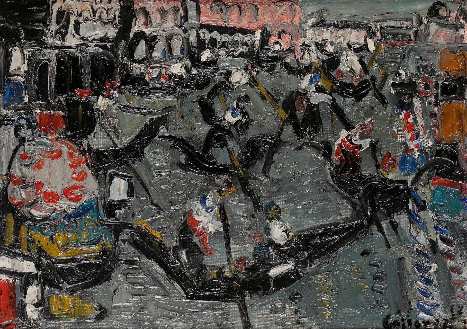 André COTTAVOZ (1922-2012)
Les Gondoles, 1957
Huile sur carton.
Signée et datée en bas à droite.
Signée, datée et titrée au dos.
33 x 46 cm