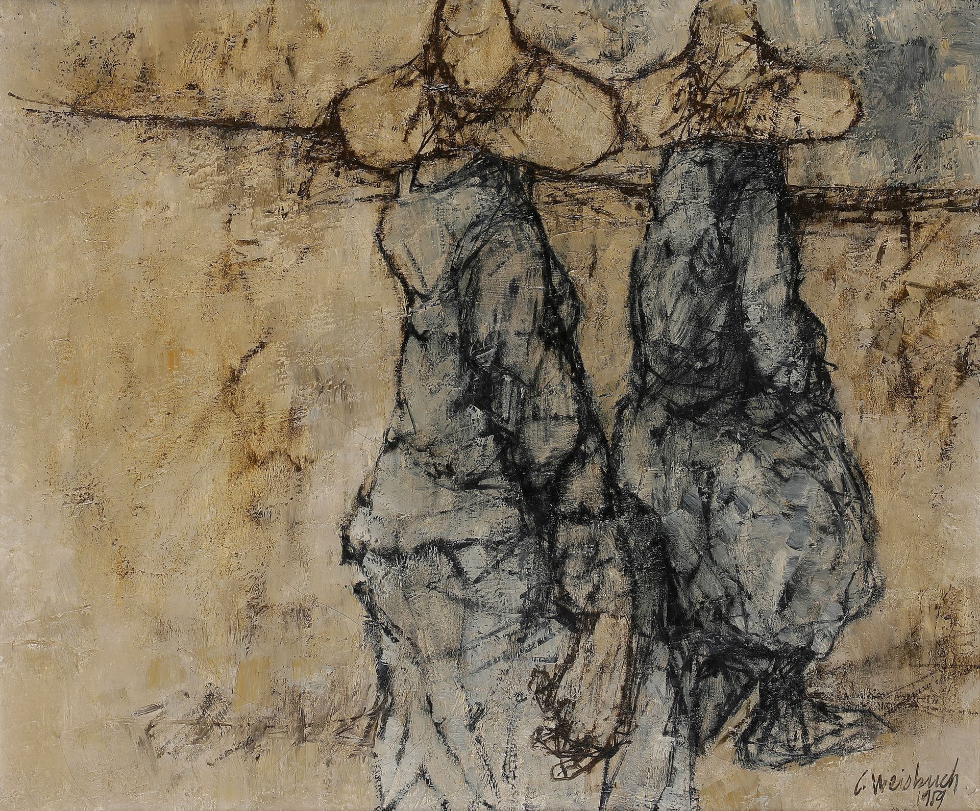 Claude WEISBUCH (1927-2014)
Personnages aux chapeaux, 1959
Huile sur toile.
Signée et datée en bas à droite.
Signée et datée au dos.
46 x 55 cm