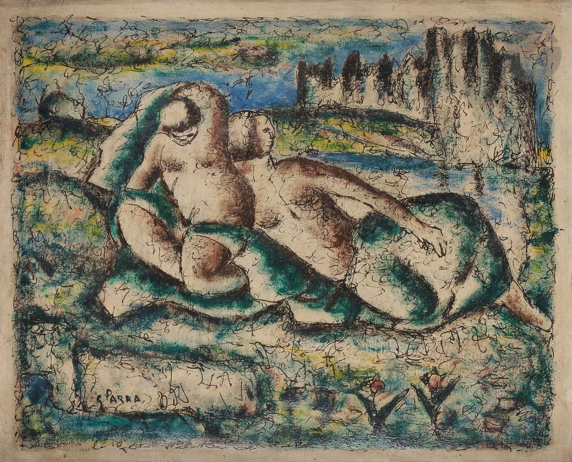 Ginés PARRA (1896-1960)
Nus, 1942
Huile sur toile.
Signée en bas à gauche.
Signée, datée et titrée au dos.
(Petits accidents).
38 x 46 cm