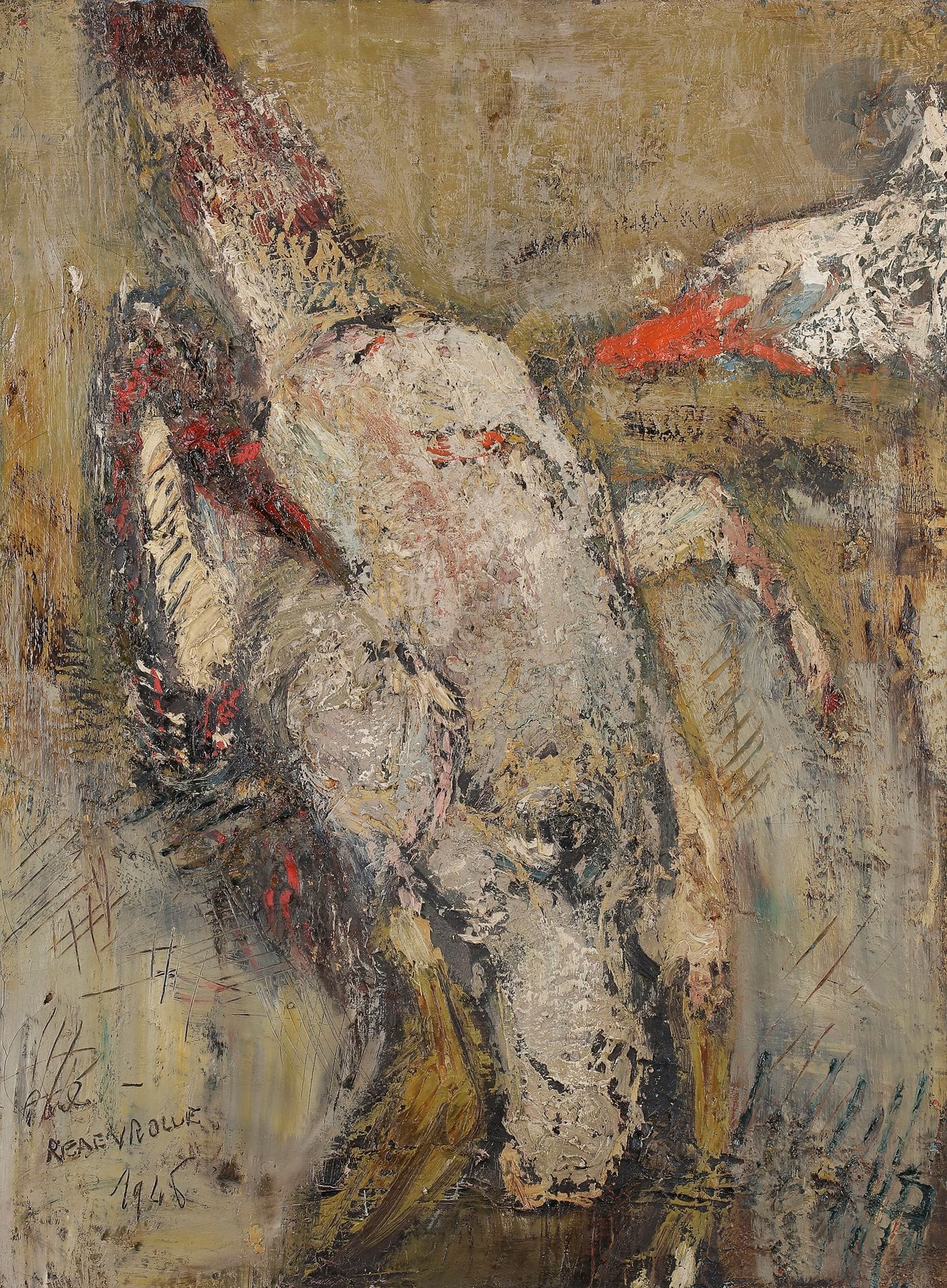 Paul REBEYROLLE (1926-2005)
Le Canard, 1946
Huile sur toile.
Signée et datée en bas à gauche.
Signée au dos sur le châssis.
73 x 54 cm

Nous remercions Madame Nathalie Rebeyrolle, fille de l'artiste et présidente de l'Espace Paul Rebeyrolle pour les informations qu'elle nous a transmises. Cette œuvre sera prise en compte pour le Catalogue Raisonné en cours de préparation.
