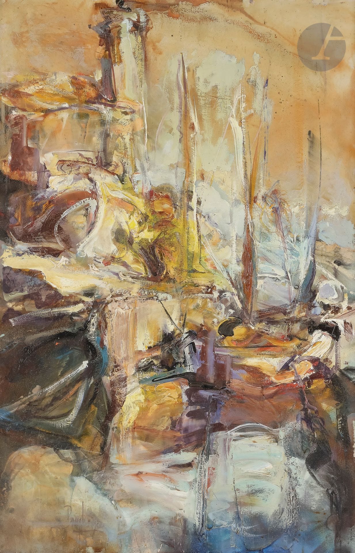 Gérard PAMBOUJIAN (né en 1941)
Port de La Ciotat, 1975
Huile sur toile.
Signée en bas à gauche.
Signée, datée et titrée au dos.
81 x 54 cm