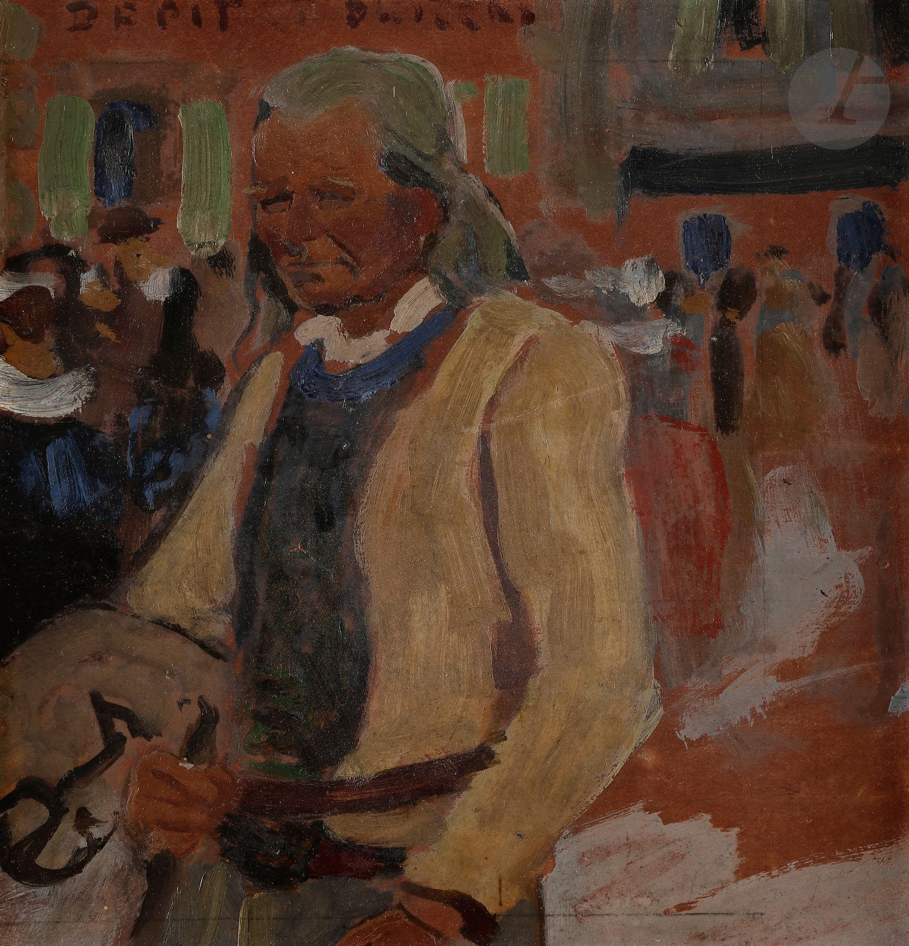 Adolphe-Marie BEAUFRÈRE (1876-1960)
Breton sur la place
Huile sur papier contrecollé sur carton.
26 x 23 cm

Provenance : 
Galerie Sagot Le Garrec, Paris (étiquette au dos).