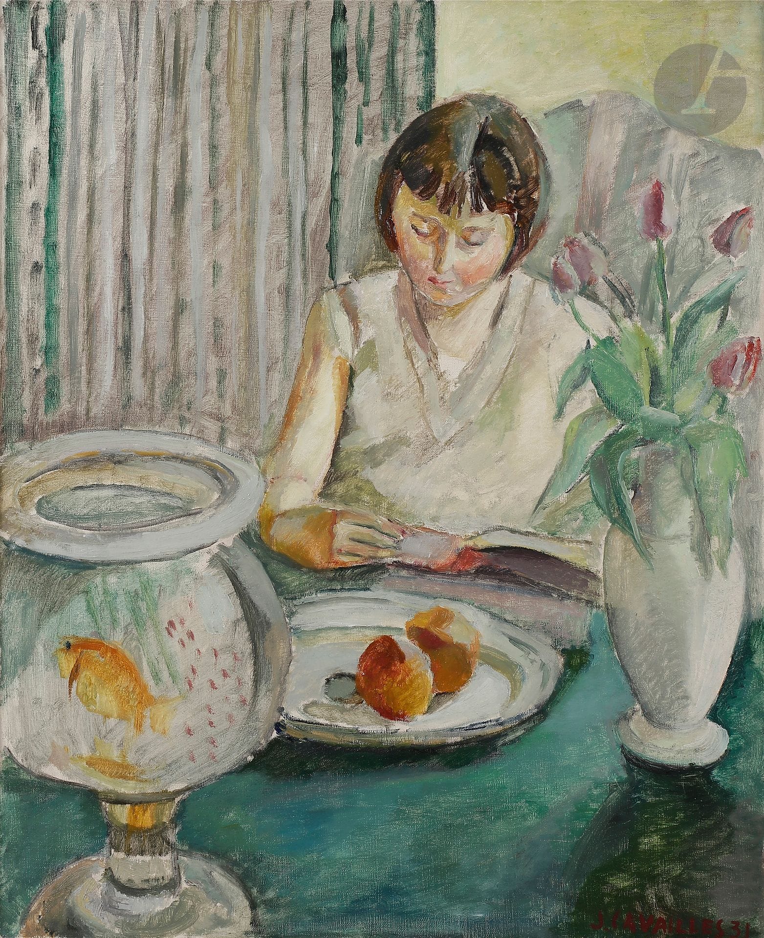 Jules CAVAILLÈS (1901-1977)
Touti lisant, 1931
Huile sur toile.
Signée et datée en bas à droite.
Signée au dos.
Cadre Bouche.
61 x 50 cm

Exposition : 
Cavaillès, Musée Toulouse-Lautrec, Albi, 1982, n° 5.

Provenance :
Vente Ader, Réalité poétique, Fonds Jules Cavaillès, 14 mars 2012, n° 5.