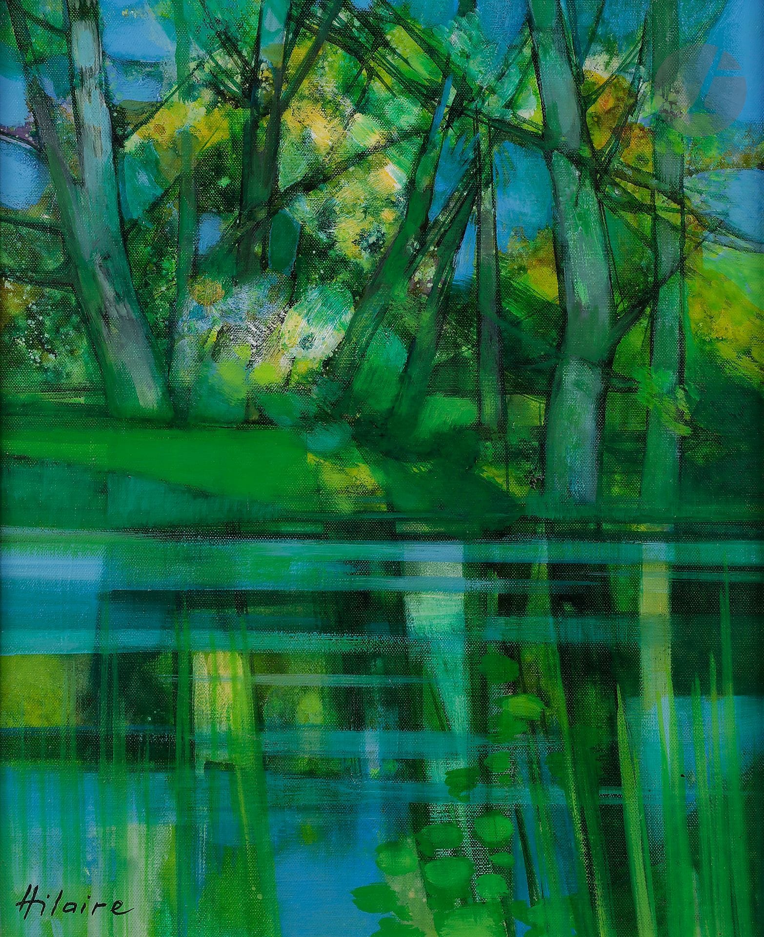 Camille HILAIRE (1916-2004)
La Rivière
Huile sur toile.
Signée en bas à gauche.
Signée et titrée au dos
46 x 38 cm