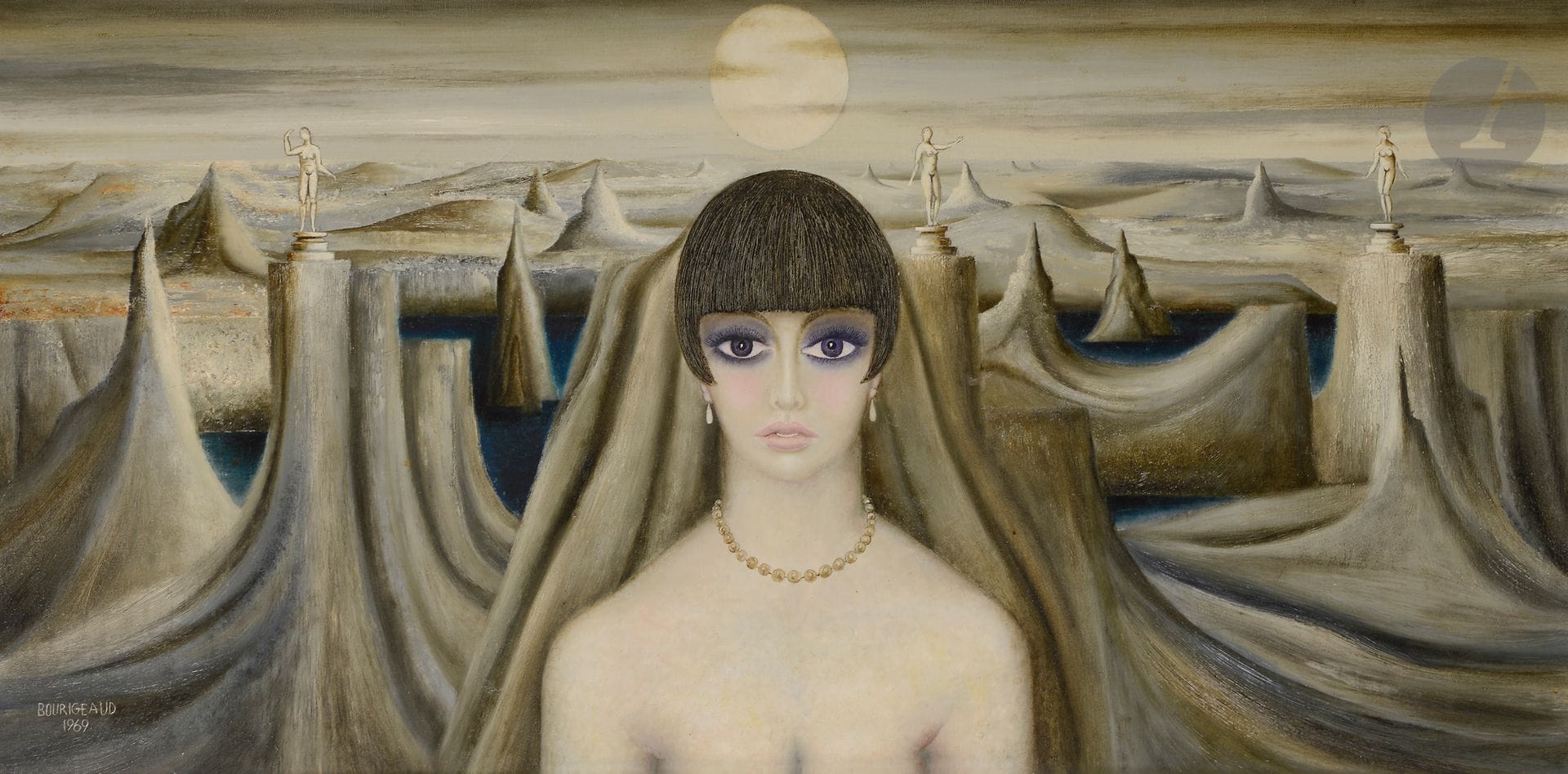 Roland BOURIGEAUD (1920-?)
Hermance, 1969
Huile sur toile.
Signée et datée en bas à gauche.
Signée et titrée au dos sur le châssis.
40 x 80 cm