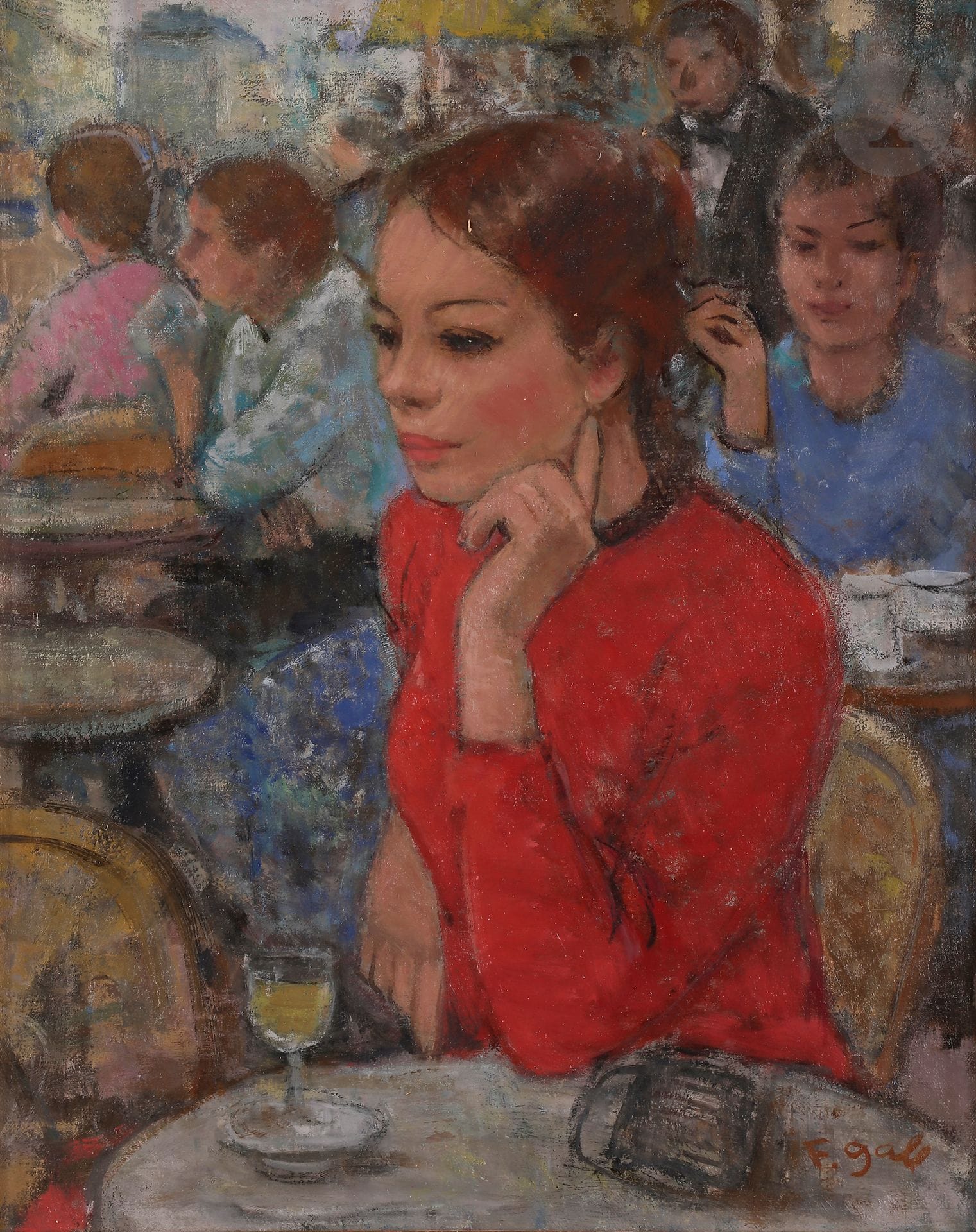 François GALL (1912-1987)
Madame Gall à la terrasse d'un café
Huile sur toile.
Signée en bas à droite.
41 x 33 cm

Nous remercions Madame Marie-Lize Gall d'avoir confirmé l'authenticité de cette œuvre.