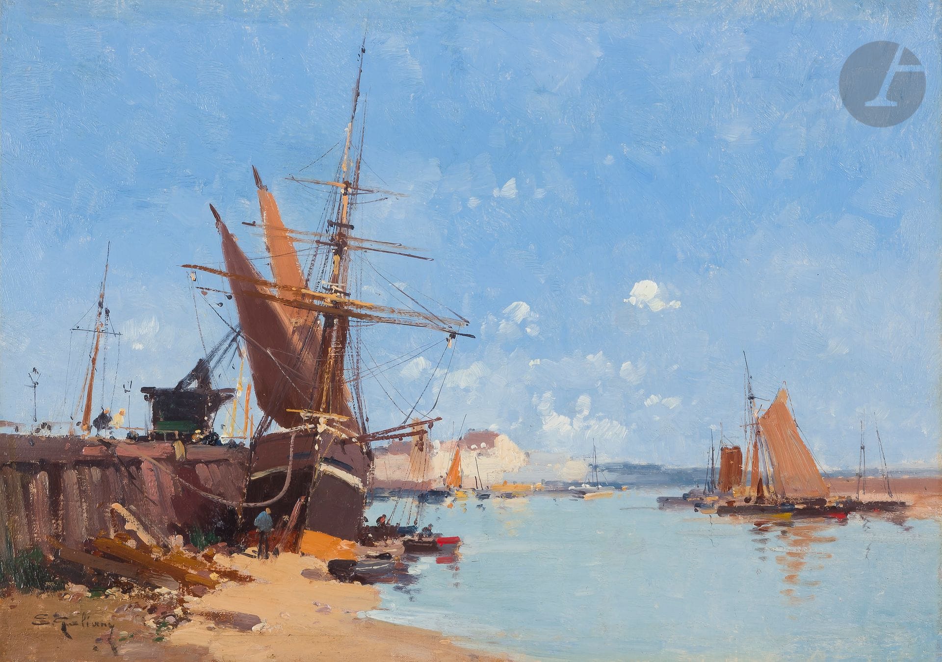 Eugène GALIANY dit GALIEN-LALOUE 	(1854-1941)
Bateaux au port
Huile sur toile.
Signée en bas à gauche.
(Petites restaurations).
33 x 46 cm
