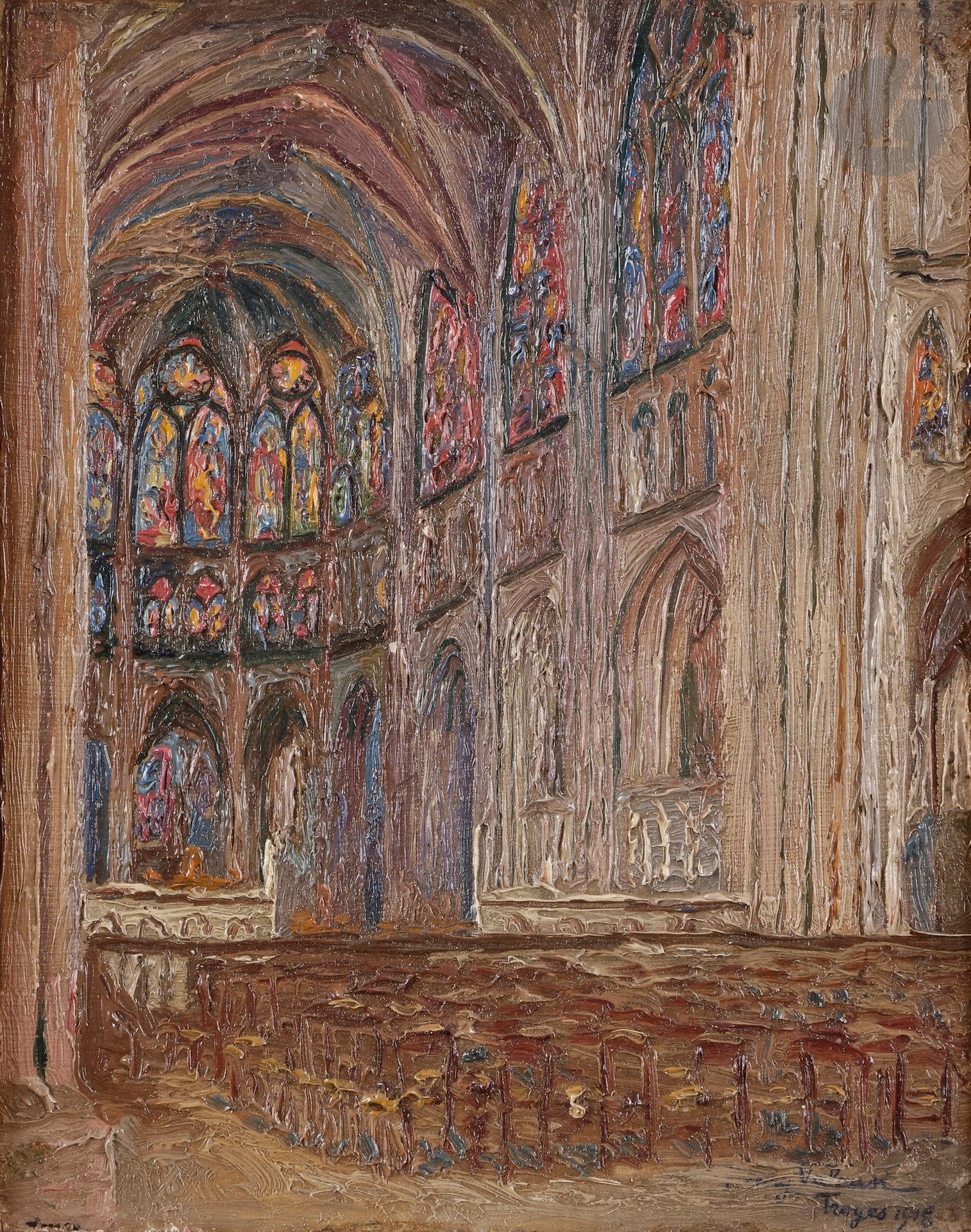 Henri VALENSI (1883-1960)
Troyes, les vitraux de la Cathédrale Saint-Pierre-et-Saint-Paul, 1915
Huile sur panneau.
Signée, datée et située en bas à droite.
24 x 20 cm