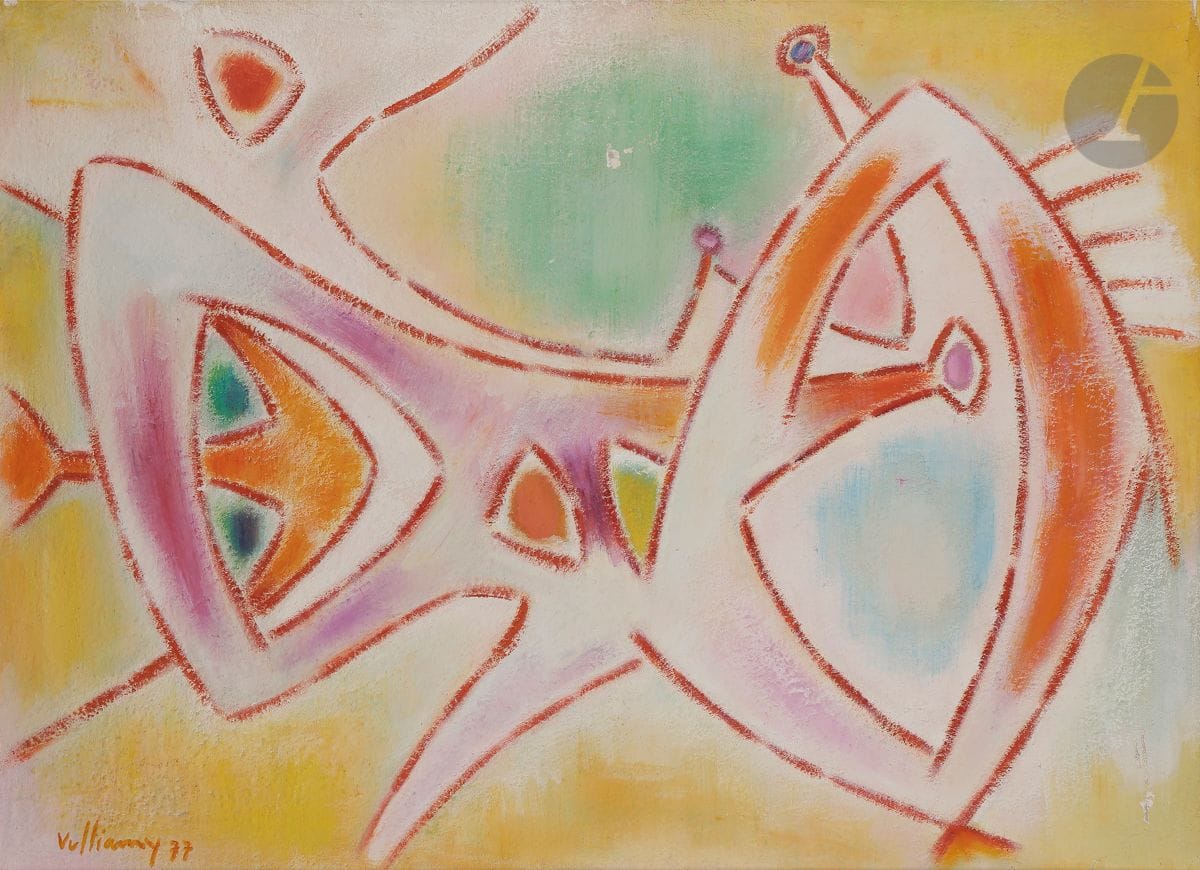 Gérard VULLIAMY (1909-2005)
Corps flamboyants, 1977
Huile sur toile.
Signée et datée en bas à gauche.
Signée, datée et titrée au dos.
(Manques).
73,5 x 100 cm

Provenance :
Collection de Monsieur F., Var.