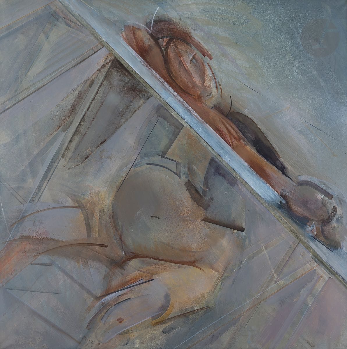 Pierre FAURE (né en 1932)
Femme accoudée, 1970
Huile sur toile.
Signée et datée en bas à gauche.
100 x 100 cm