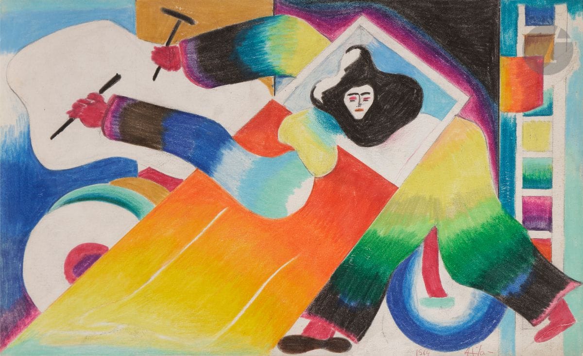 Atila Biro dit, ATILA [Hungarian] (1931-1987
)The Sculptor,
1969Colored
pencils
on cardboard.
Signed and dated lower right.
On the back: a study of characters.
19,5 x 31,5 cm




