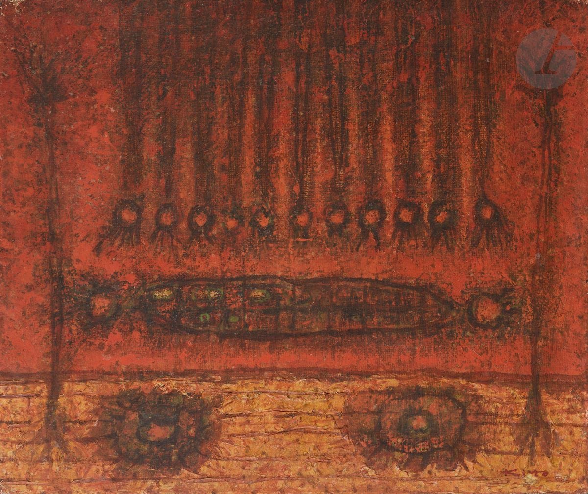 Akira KITO [japonais] (1925-1994)
Rêve rouge, 1962
Huile sur toile.
Signée en bas à droite.
Signée, datée et titrée au dos.
38 x 46 cm