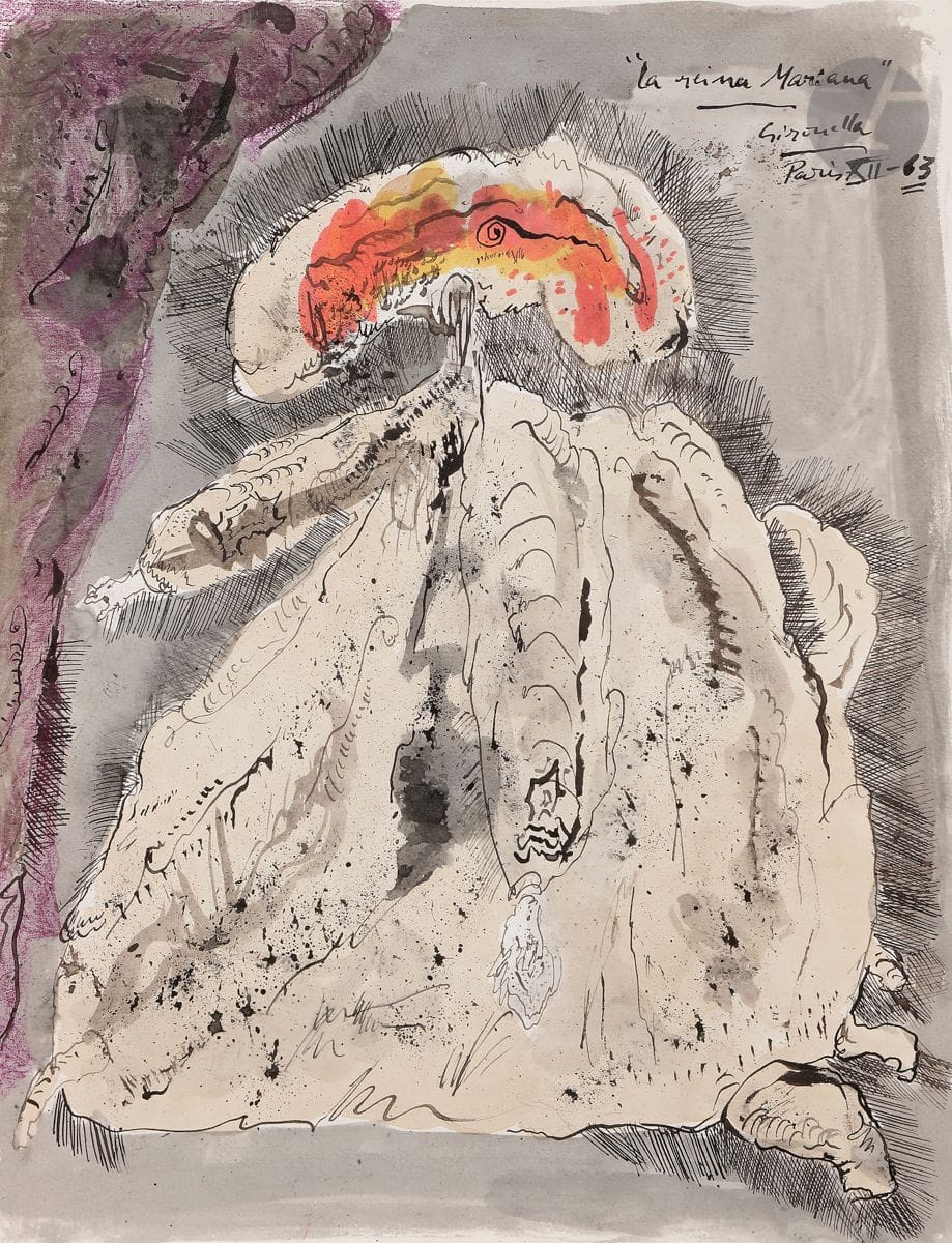 Alberto GIRONELLA [mexicain] (1929-1999)
La Reina Mariana, 1963
Aquarelle et encre.
Signée, datée et titrée en haut à droite.
30,5 x 24 cm