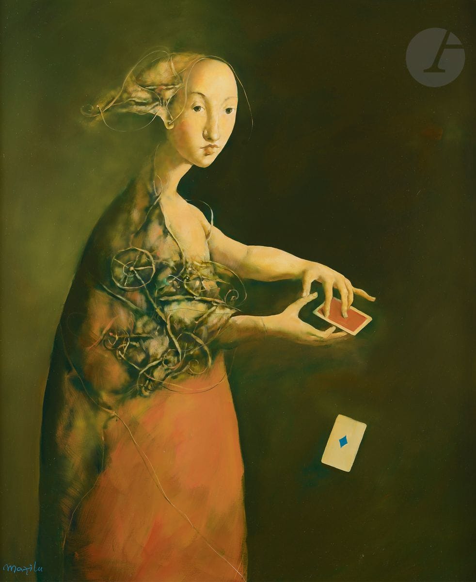 Georges MAZILU [Romanian] (born in 1951
)Girl Playing Cards, 2002Oil
on canvas.
Signed lower left.
65 x 54 cmThis

work is registered in the artist's website www.mazilu.fr under the number #021120


.


