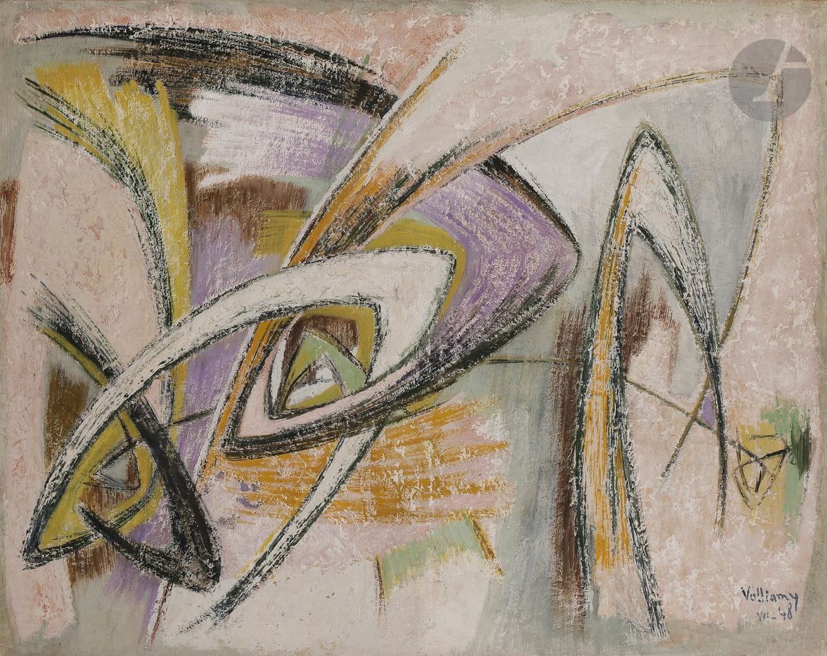 Gérard VULLIAMY (1909-2005)
La Carriole, 1948
Huile sur toile.
Signée et datée en bas à droite.
Signée, datée et titrée au dos.
(Craquelures).
72 x 92 cm

Provenance :
Collection de Monsieur F., Var. 

Expositions : 
- Kunsthalle Bern, 1949, n° 0056 (étiquette au dos)
- Musée Saint-Priest (étiquette au dos).