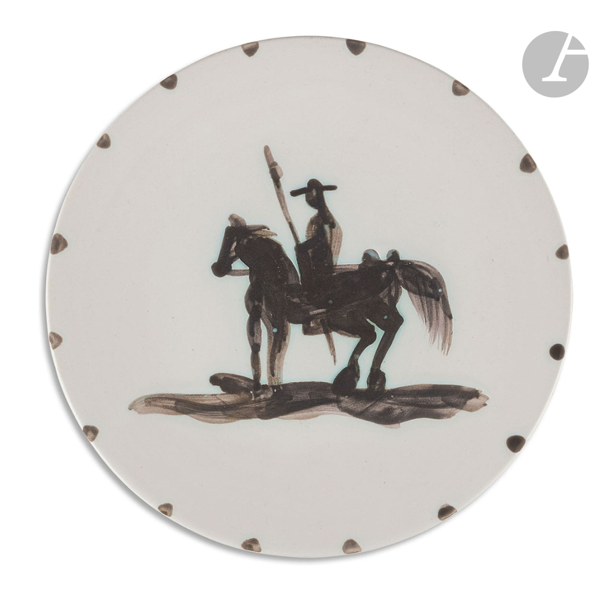 PABLO PICASSO (1881-1973) & ATELIER MADOURA
Picador, modèle créé en 1952
Assiette ronde tournée. Réplique authentique, éditée à cinq cents exemplaires réalisés chez Madoura. Épreuve en terre de faïence blanche, décor à la paraffine oxydée, émail blanc, noir. Porte les cachets en creux Édition PICASSO et MADOURA Plein Feu et marquée Édition PICASSO sous la base. D. 19 cm. 

Bibliographie : 
Alain Ramié - Picasso, catalogue de l’œuvre céramique édité 1947-1971 - Éditions Madoura, 1988. Modèle identique reproduit page 89 sous le numéro 160 du catalogue.