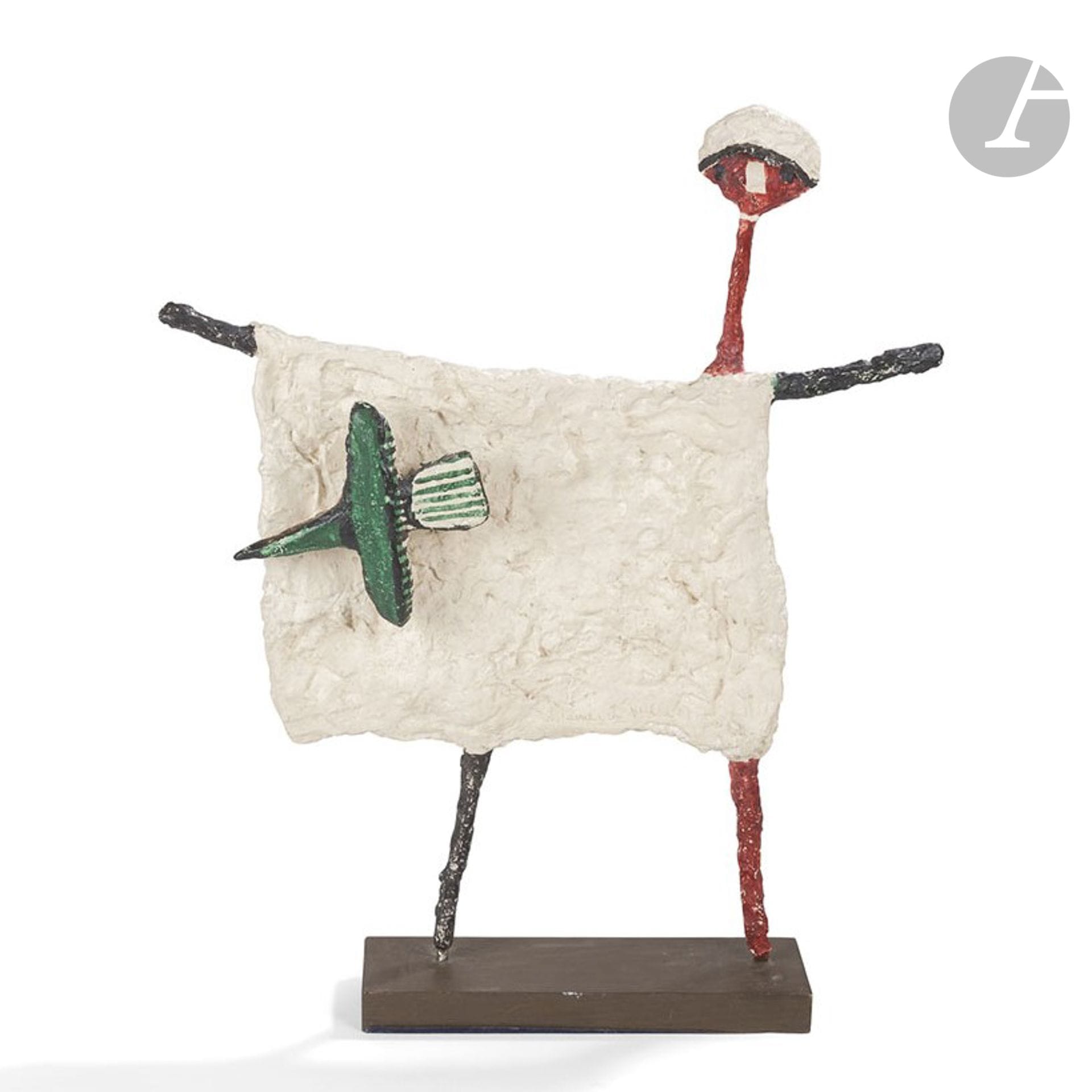 JEAN LAMBERT-RUCKI (1888-1967) 
Épouvantail III dit aussi Épouvantail à l’oiseau, d’après un modèle conçu vers [1938], exemplaire n° E.A. I/IV
Important groupe sculpté. Épreuve en bronze patiné et peint polychrome. Fonte d’édition post-mortem. Base en bois teinté. Inscrit J. LAMBERT-RUCKI en façade, porte le justificatif de tirage E.A. I/IV, la marque d’éditeur JdV et le cachet de fondeur TEP à l’arrière. Base comprise : H. 68 cm – L. 53 cm

Important :
Un certificat du Comité Lambert-Rucki pourra être, à sa demande et à sa charge, remis à l’acquéreur.
