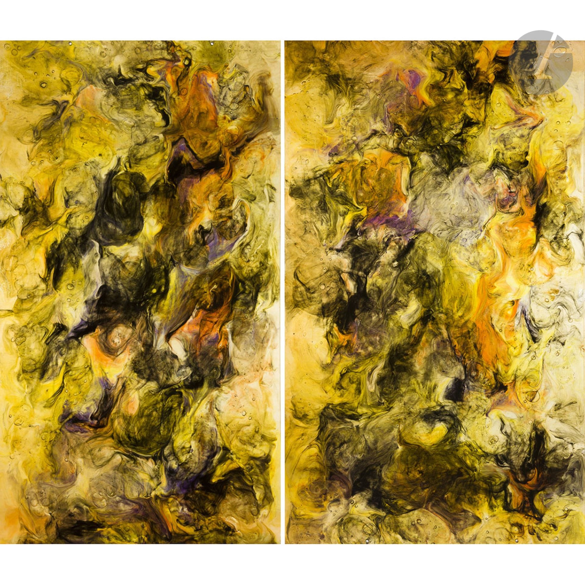 DANS LE GOÛT DE FRANÇOIS CHAPUIS (NÉ EN 1928)
Sans titre, circa 1975
Deux panneaux décoratifs montés à feuillure et pouvant formant un grand panneau. Résine, polyester et pigments. Éclats et manques épars. Chaque panneau : 220 x 125 cm – Ensemble : 220 x 250 cm