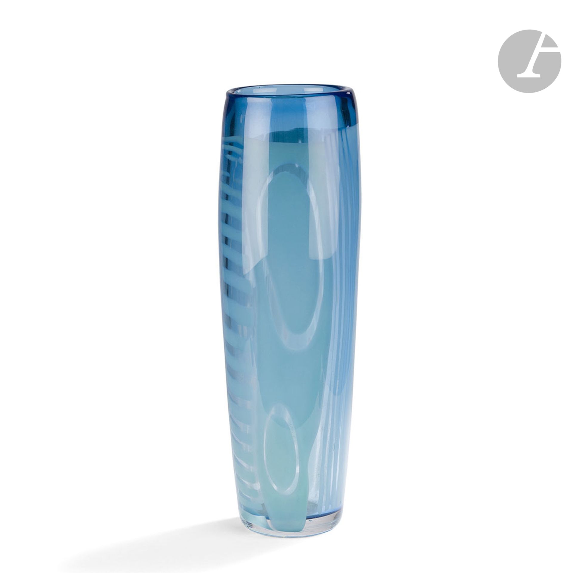Nicolas MORIN [FRANCE] (born in 1959
)Large blown glass tube vase with blue on blue abstract design. Circa 2002.  Signed and numbered 714B on the base. H. 44 cm - D. 13 cm
