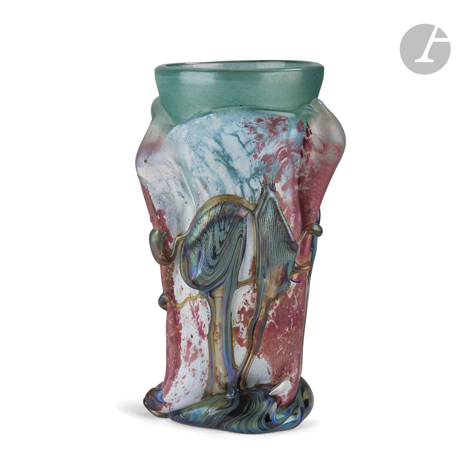 Jean-Claude NOVARO [France] (1943-2014
)Large turquoise blown glass vase with enamel decoration in pink and white tones, bluish strings applied on the surface. Signed and dated 14 March 1988 under the base. H. 33 cm - D. 20 cm
