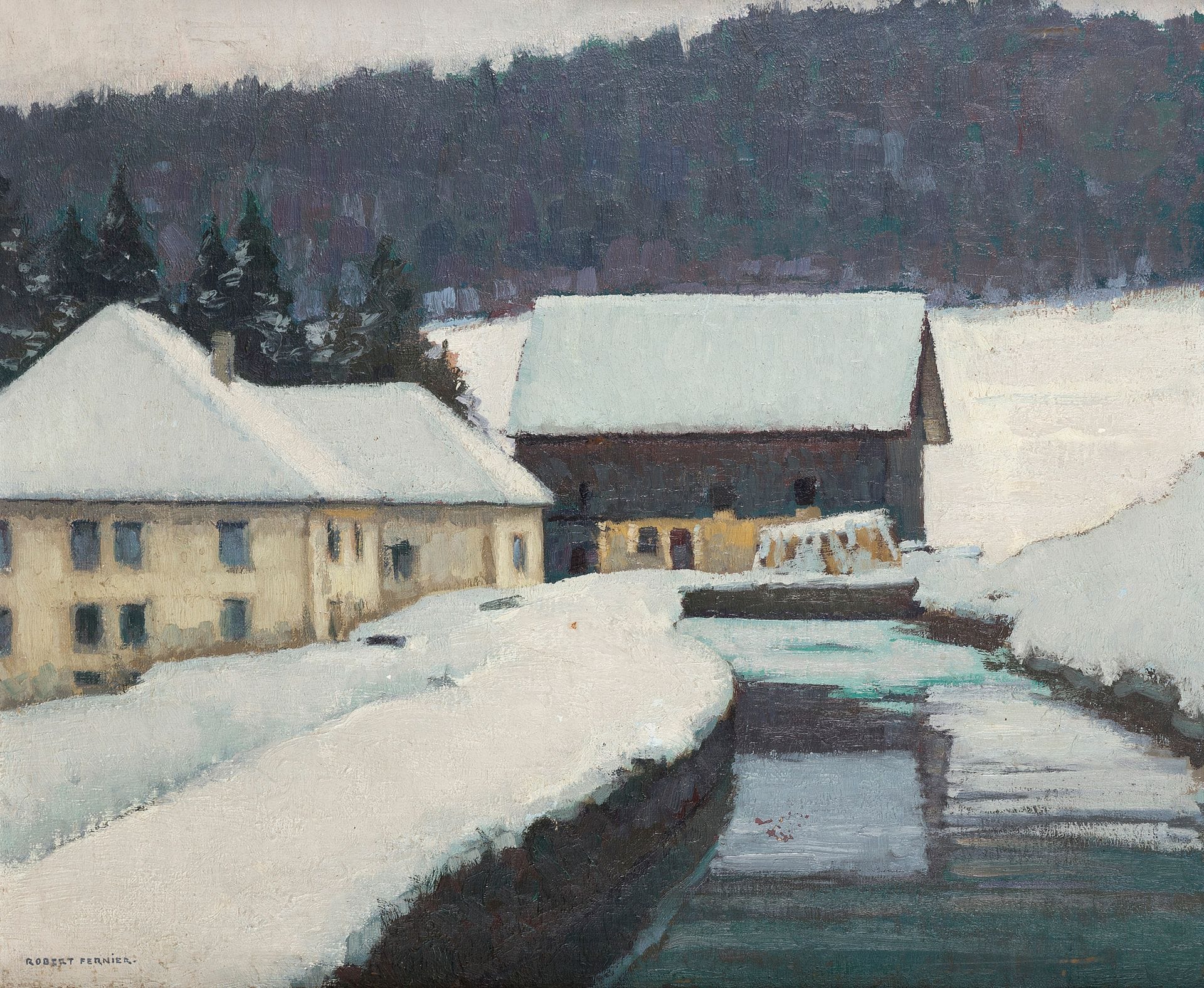 Robert FERNIER (1895-1977)
La Maison de l’ébéniste, 1932
Huile sur toile.
Signée en bas à gauche.
Titrée sur l’étiquette de l’artiste au dos du cadre.
50 x 61 cm

Expositions :
- Xe salon des Annonciades, Pontarlier, 1934, n°76.
- Dijon, 1935, n°2
- Besançon, 1935, n°2.1935, n°98.
- XIIe salon des Annonciades, Pontarlier, 
- Dole, 1936, n°19.

Ce tableau a été réalisé à Derrière-le-Mont dans la vallée du doubs.

Nous remercions Monsieur Sébastien Fernier pour les informations qu’il nous a transmises.