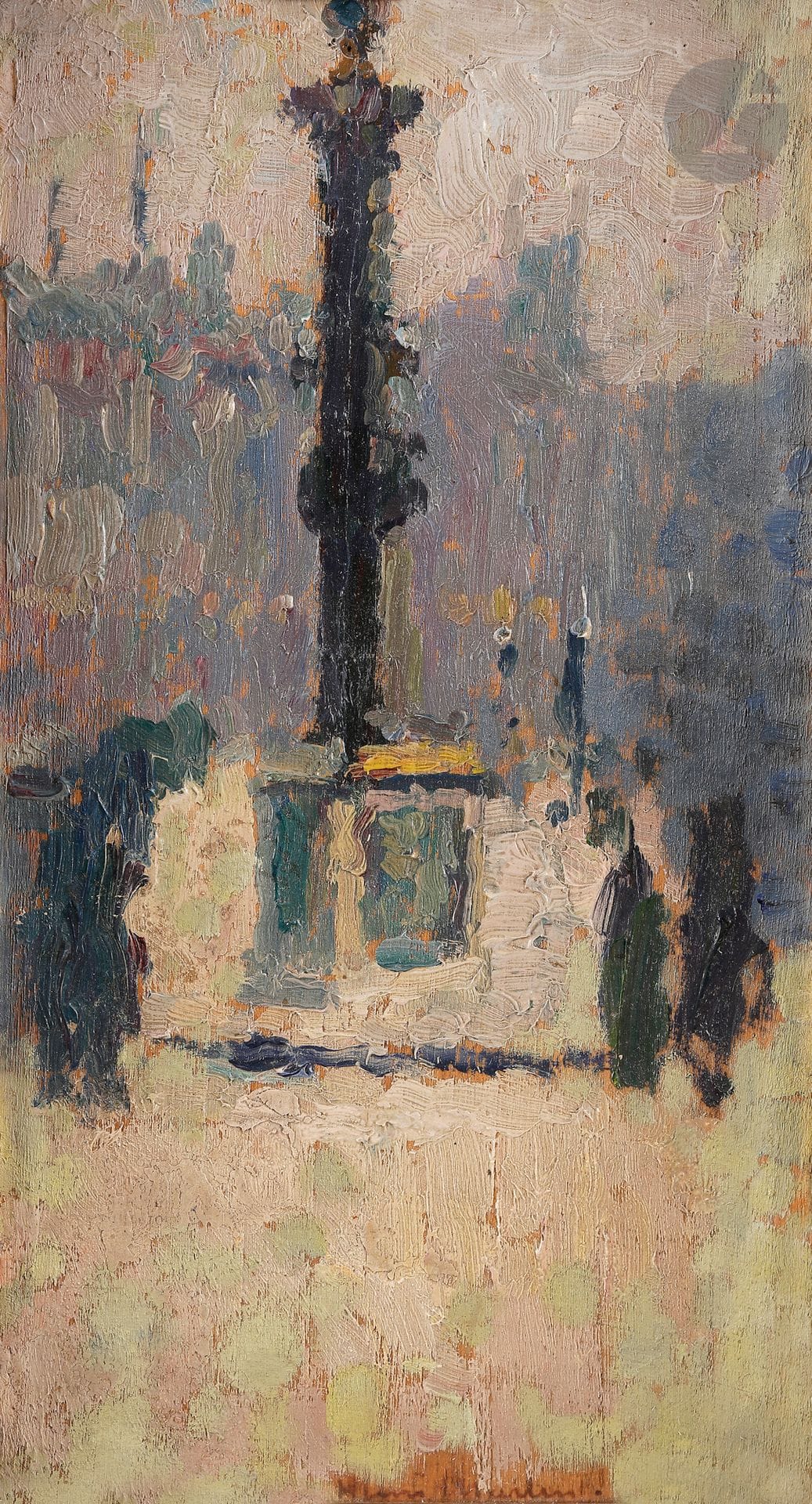 Henri MARTIN (1860-1943)
Paris, La Place de la Concorde
Huile sur panneau.
Signé en pied.
23 x 12 cm

Notre panneau est une étude pour l’une des quatre peintures monumentales du grand décor de la salle de l’Assemblée générale du Conseil d’État à Paris « Les Travaux publics ». L’artiste a choisi de représenter la place de la Concorde en travaux.