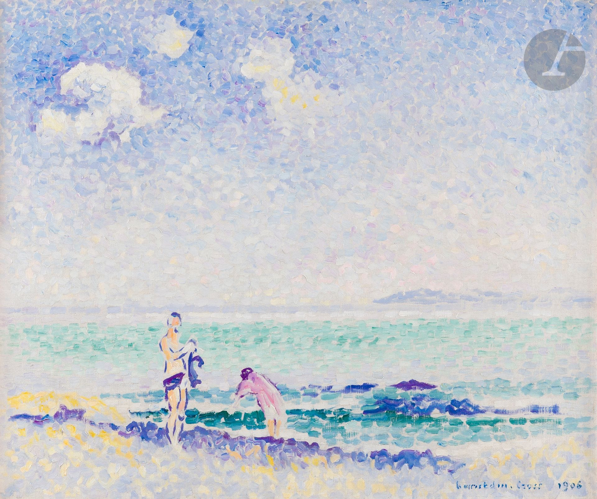 Henri Edmond CROSS (1856-1910)
Baigneurs,1906
Huile sur toile.
Signée et datée en bas à droite.
46 x 55 cm

Provenance : 
- Galerie Bernheim-Jeune.
- Comte Harry Kessler, Weimar.
- Galerie Bernheim-Jeune, Paul Lauvé.

Expositions : 
- Henri-Edmond Cross, Galerie Bernheim-Jeune, Paris, 1907, n° 12.
- Henri-Edmond Cross, Galerie Bernheim-Jeune, Paris, 1910, n° 6.
- La Libre Esthétique, Rétrospective Henri-Edmond Cross, Bruxelles, 1911, n° 35.
- Henri-Edmond Cross, Galerie Bernheim-Jeune, Paris, 1913, n° 20 (Les Petits Baigneurs).
- Exposition d’Art Français du XIXe siècle, Musée Royal, Copenhague, 1914, n° 53.

Bibliographie : 
Isabelle Compin, H. E. Cross, Paris, Quatre chemins - Editart, 1964, reproduit p. 266 sous le n° 166.