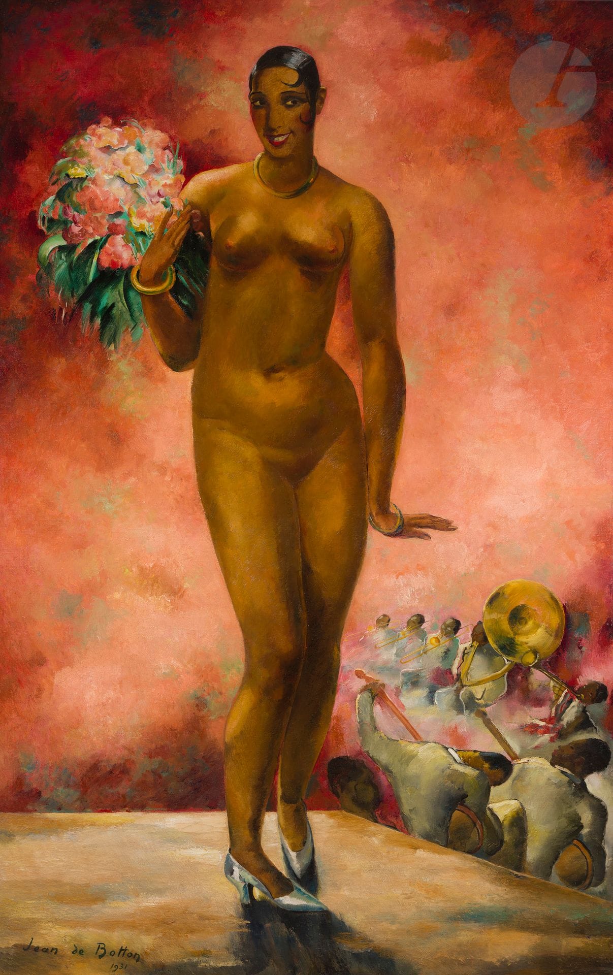 Jean de BOTTON (1898-1978)
Portrait en pied de Joséphine Baker, 1931
Huile sur toile.
Signée et datée en bas à gauche.
(Petites restaurations).
214 x 130 cm

Provenance :
- Vente Tajan, Paris, 27 juin 2002, n°388 (erreur de dimensions).
- Collection particulière, Paris. Acquis lors de cette dernière. 

Jean-Isy de Botton, formé à la sculpture à l’atelier de Bourdelle, fin graveur, excelle dans la peinture. Il expose de nombreux tableaux aux Indépendants de 1926 à 1931 et au salon des Tuileries de 1932 à 1933.
En 1933, souhaitant « renouveler sa peinture », il immole près de 350 tableaux. En 1936, sa renommée traverse la manche ; il est le seul peintre invité par la famille royale à couvrir le couronnement du Roi George VI. Après l’annonce de la déclaration de guerre, il s’exile aux États-Unis où il connait un vif succès. Tout au long de sa carrière, il sera un artiste vedette, coqueluche, invité par la famille royale anglaise, acheté par Chaplin, Churchill, Hemingway, Valéry, sollicité par le musée de la Marine à Paris pour l’exécution d’une fresque, ou par l’opéra de San Francisco pour la réalisation des décors. Ses toiles sont conservées au Musée Albertina de Vienne, à l’High Muséum of art, au Metropolitan Museum, au Musée de l’Histoire de France du Château de Versailles, au Musée du Luxembourg ou encore au Musée National d’Art Moderne de Paris.
C’est en 1931 qu’il exécute le portrait de Joséphine Baker, sur scène, grandeur nature. Si Joséphine Baker est la femme la plus photographiée de son temps, un nombre très restreint d’œuvres picturales la représente. Quelques mois avant l’exécution du tableau, la danseuse est de retour en France après sa première tournée mondiale. Elle est dans la foulée engagée par Henri Varna pour mener la revue de la saison 1930-1931 au Casino de Paris. Elle enregistre, pour cette occasion la chanson à succès « J’ai deux amours » spécialement composée pour le spectacle. 
Au même moment, Jean de Botton réalise également des fusains de Joséphine Baker, répertoriés dans le fond Marc Vaux (cote MV 11621). Elle est représentée nue en train de danser dans sa tenue, devenue culte, de l’époque des Folies Bergère. Deux dessins de cette suite ont récemment été acquis par le Musée Franco-Américain du Château de Blérancourt.
