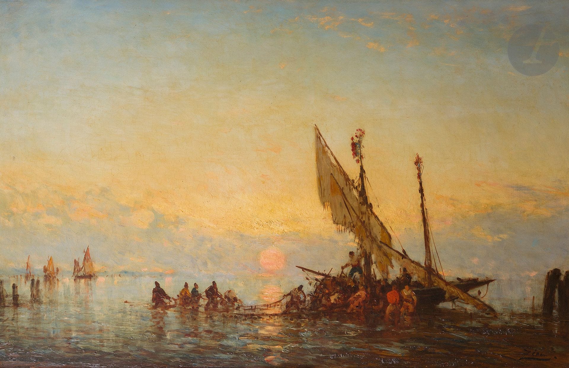 Félix ZIEM (1821-1911)
Venise, Topi et pêcheurs sur la lagune
Huile sur panneau.
Signée en bas à droite.
69 x 106 cm

Provenance : 
- Vente Drouot, Paris, 3 mai 1895, n° 47.
- Vente Maître Baudry, Drouot, Paris,7 avril 1902, n° 18.
- Vente Société Le Roy, Drouot, Paris,16 décembre 1927, n° 51.

Bibliographie : 
Anne Burdin-Hellebrandth, Felix Ziem 1821-1911, Catalogue Raisonné, Tome I, 1998, reproduit p. 344 sous le n° 865