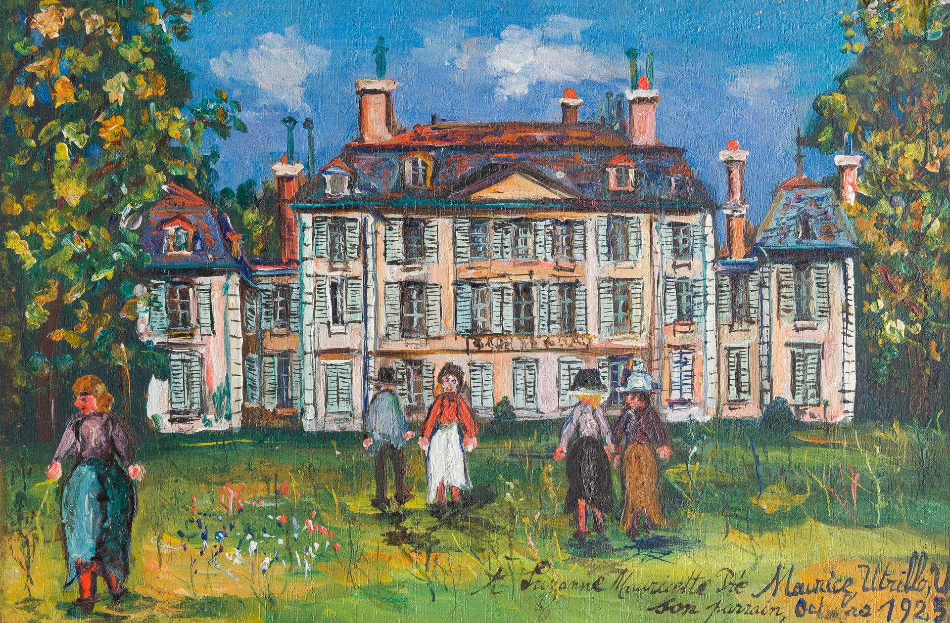 Maurice UTRILLO (1883-1955)
En famille, château de Saint-Trys, Anse, 1925
Huile sur panneau.
Signée, datée et dédicacée « A Suzanne Mauricette Pré - son parrain, octobre 1925 » en bas à droite.
Signée, datée et située au dos.
14,5 x 21 cm

Provenance : 
Vente Maître Étienne Ader, Galerie Charpentier, Paris, 11 décembre 1958, n° 155, reproduit pl. VIII.
 
Un certificat de Gilbert Pétridès n° 21.193 en date du 1er décembre 1989 sera remis à l’acquéreur.
Un certificat du comité Maurice Utrillo pourra être remis à la charge de l’acquéreur.