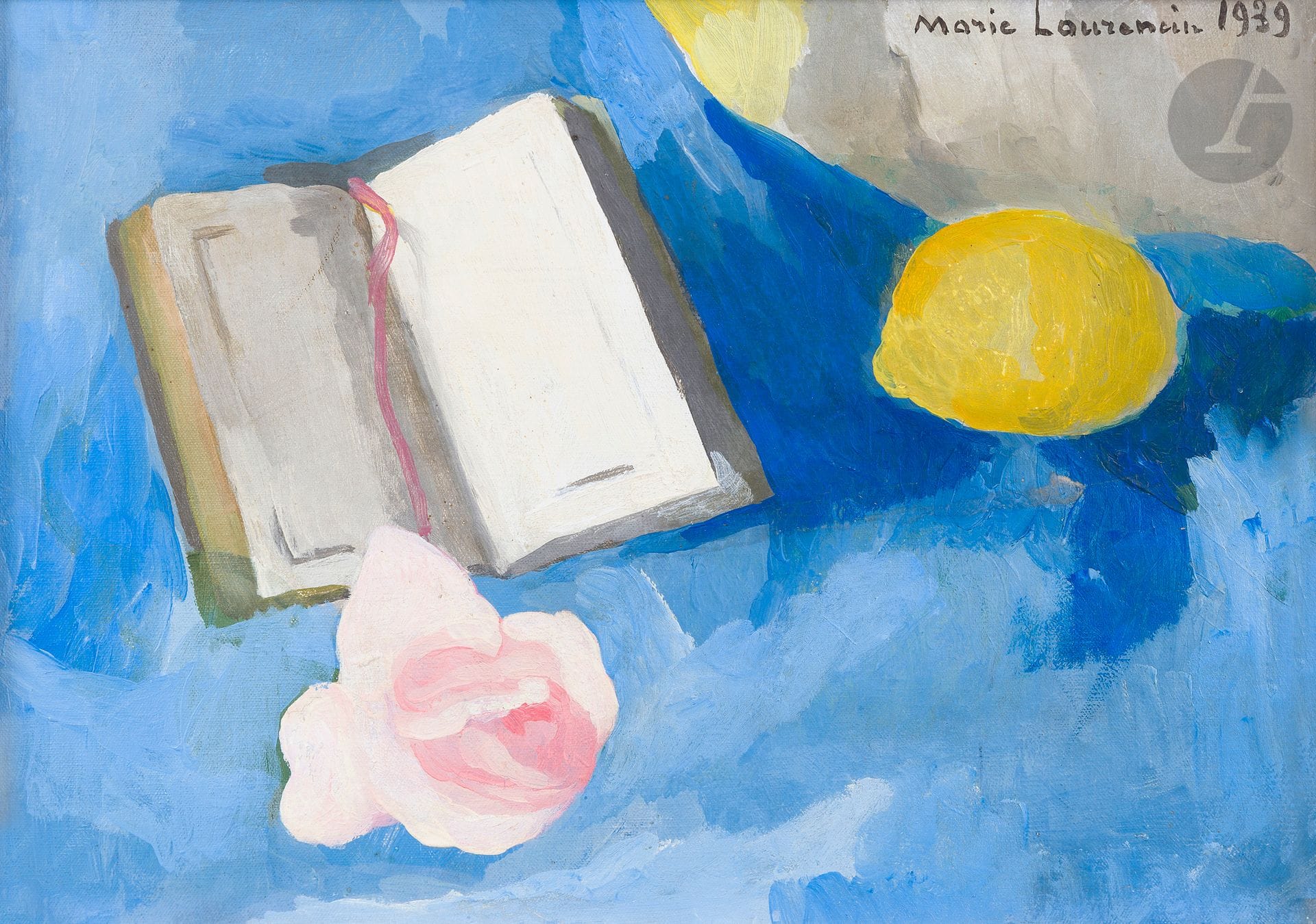 Marie LAURENCIN (1885-1956)
Nature morte au livre et au citron, 1939
Huile sur toile.
Signée et datée en haut à droite.
24 x 33 cm

Provenance :
Galerie Paul Rosenberg, Paris, n° 4094. (Marque au dos).

Bibliographie : 
Daniel Marchesseau, Marie Laurencin 1883-1956, Catalogue raisonné de l’oeuvre peint, Volume I, Japon, Éditions du Musée Marie Laurencin, 1986, reproduit p. 301 sous le n° 726.