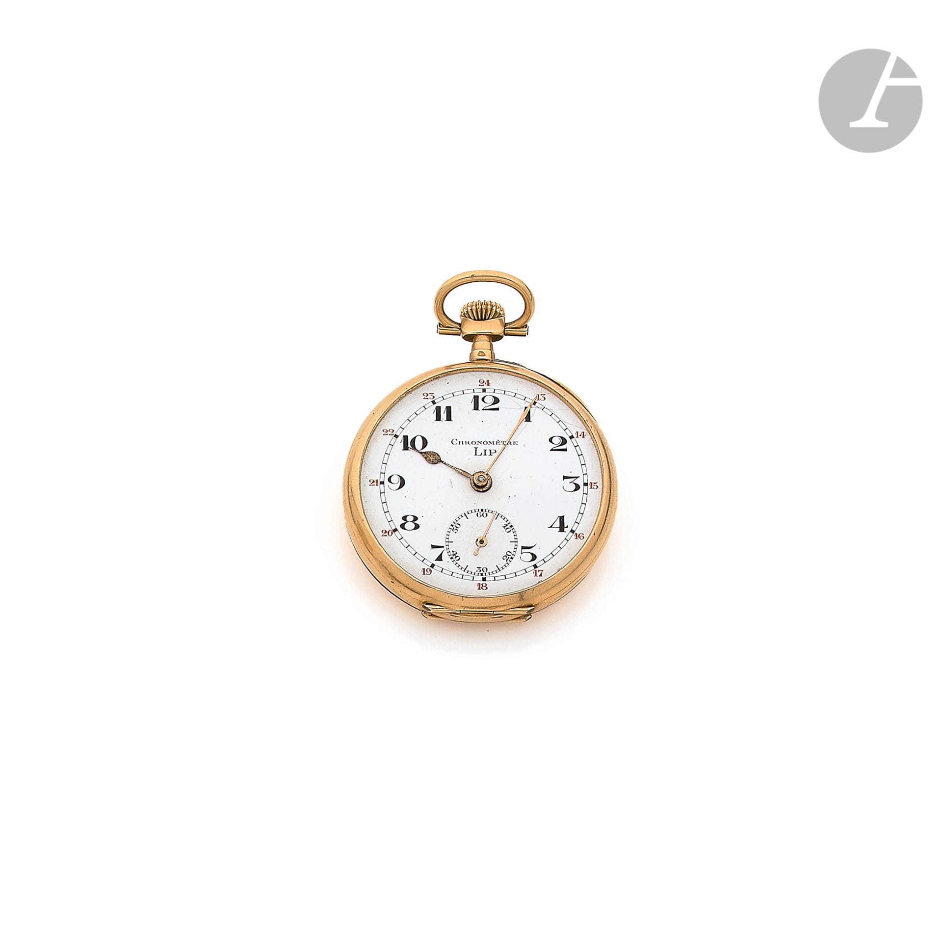 LIP chronometer 

N° 29602

18K (750) gold pocket watch, white enamel dial, Arabic numeral hour markers, second hand at 6 o'clock, winding movement, smooth case. Dial signed. Diameter: 41 mm. Gross weight : 52,5 g