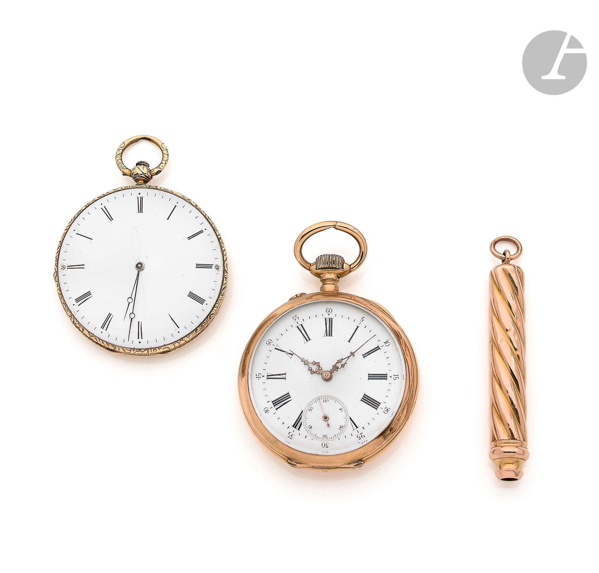
Deux montres de poche en or 18K (750), cadrans émaillés blancs, index chiffres romains formant les heures, mouvements à remontoir et à cylindre, boîtiers lisses et ciselés à décor rayonnant. Poids brut : 144 g




On joint un porte mine en or. Poids brut : 20,3 g
