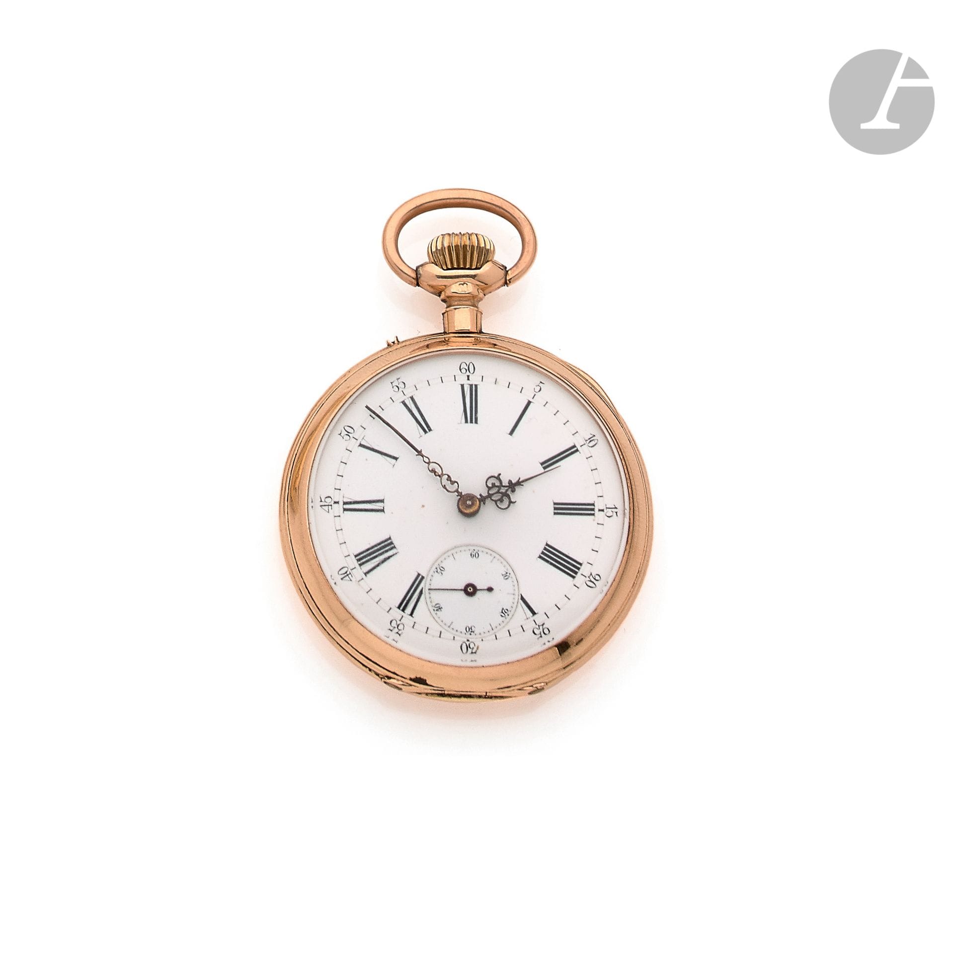 ANONYMOUS. About 1900

N° 24487

18K (750) gold pocket watch, white enamel dial, Arabic numeral hour markers, second hand at 6 o'clock, winding movement, smooth case. Diameter: 48 mm. Gross weight: 81.5 g300
